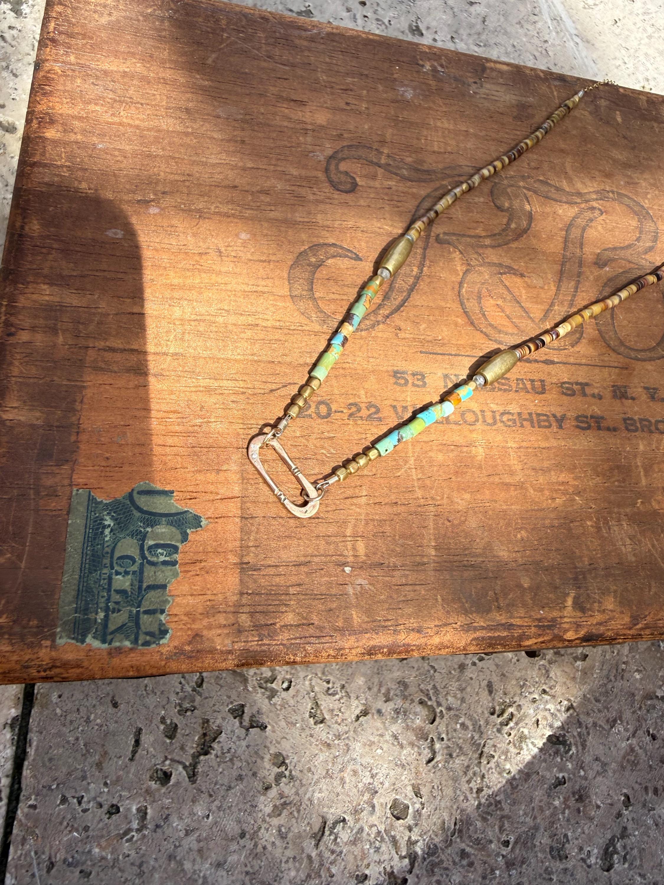 Gypsy Necklace with Turquoise, Shell & Brass Beads with Hand Formed 14kgf Link and Tiny Diamond, 22” 14kgf chain