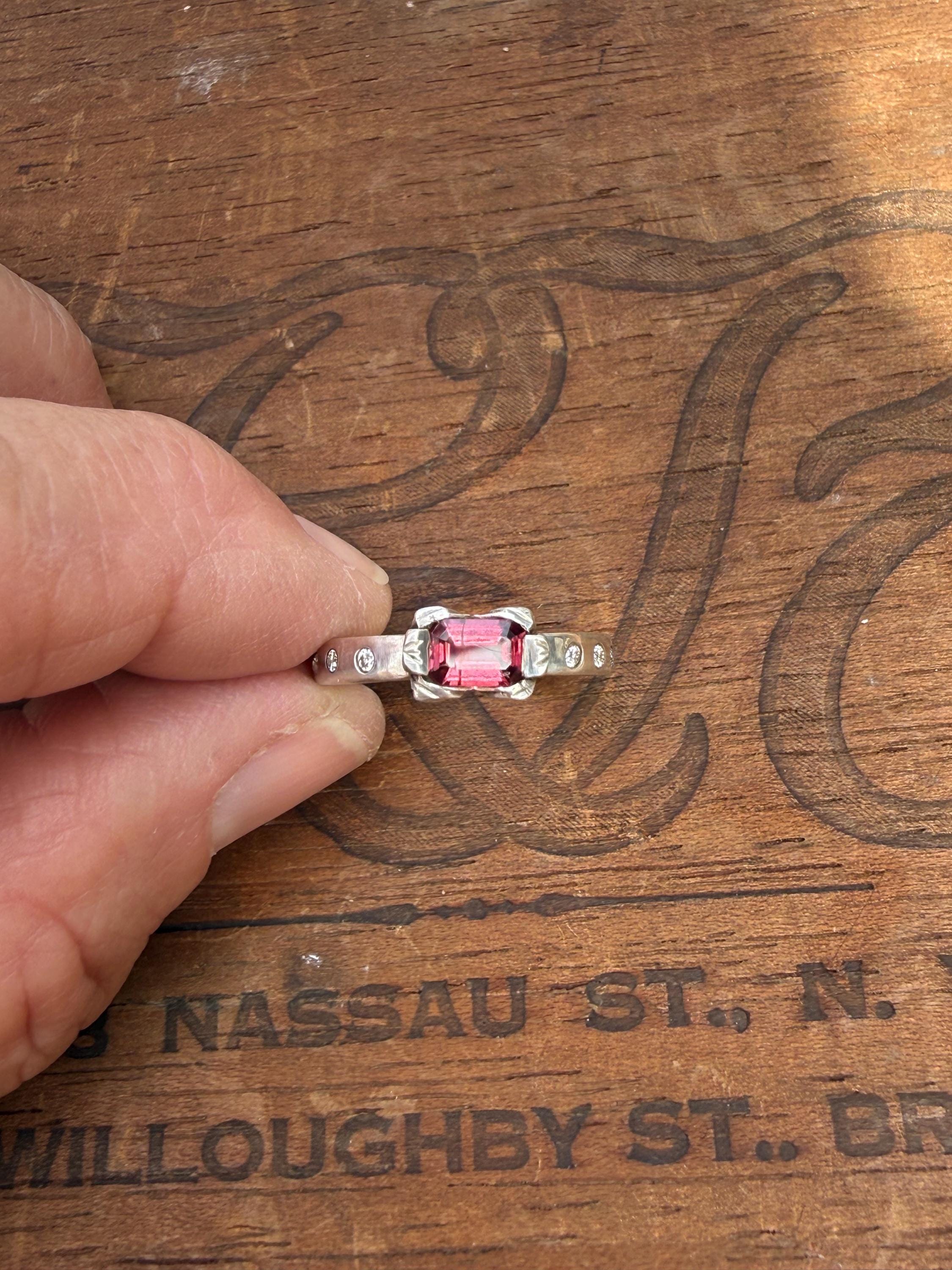Antique Inspired Tourmaline Ring with Diamonds in Sterling Silver, size 8