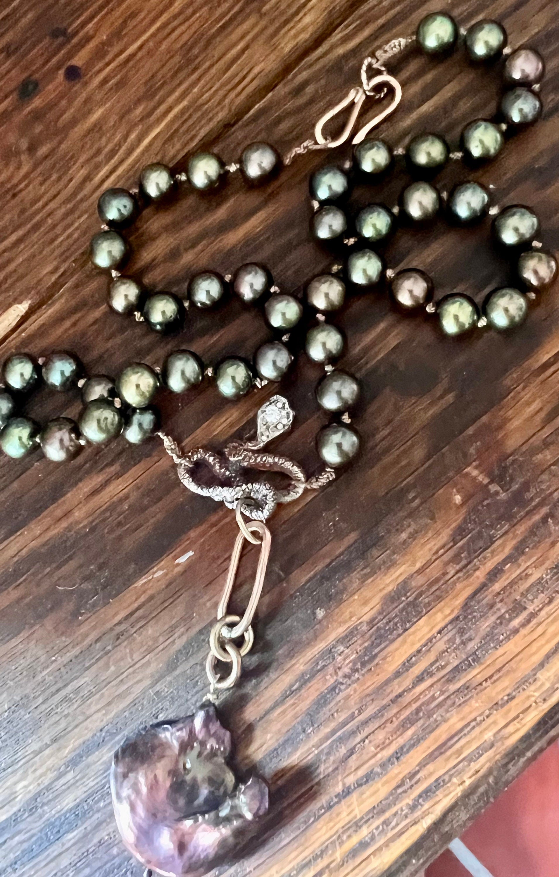 Cultured Peacock Freshwater Pearls with a Hand Carved Jeweled Snake in Fine Silver
