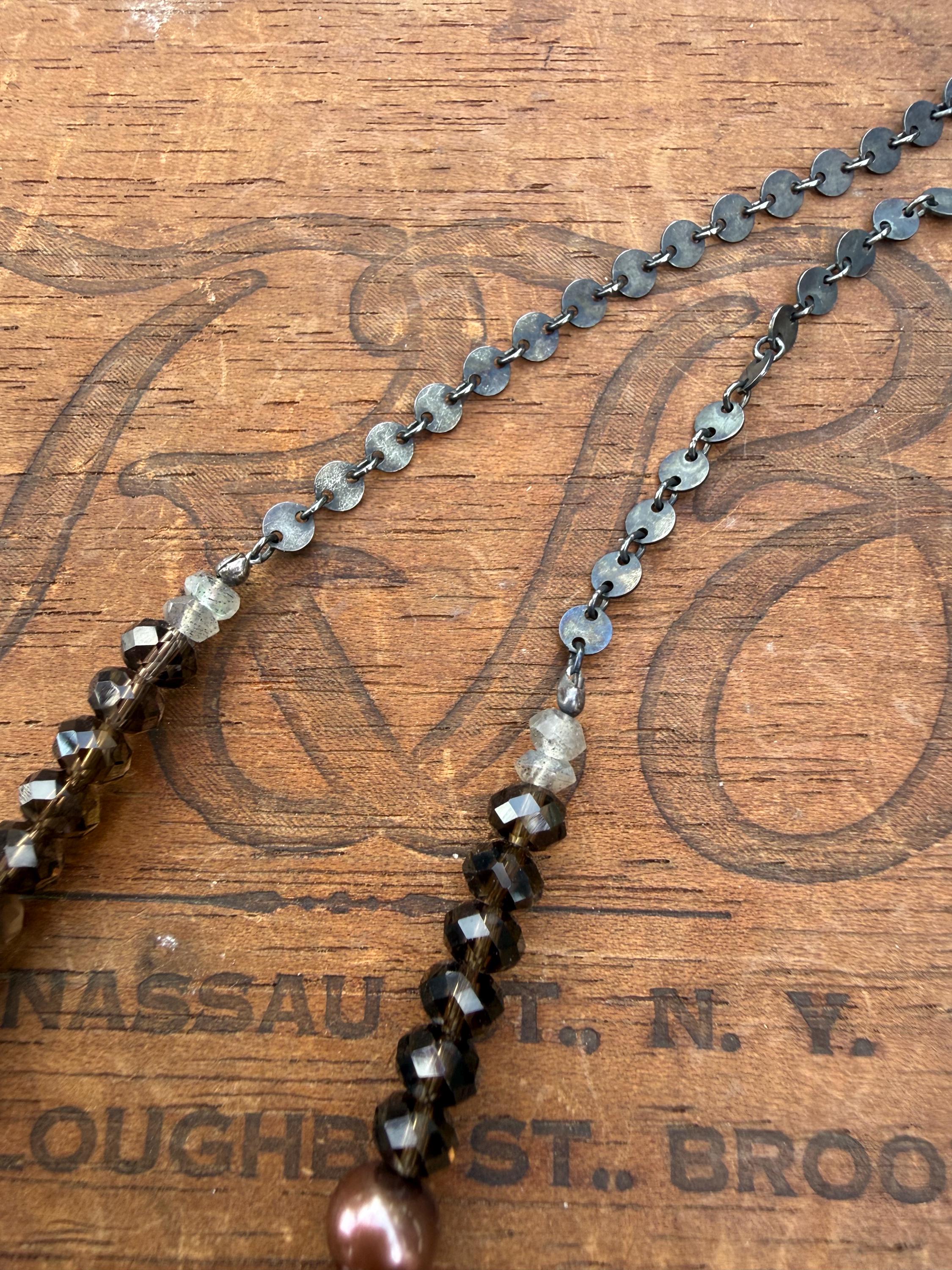Moody Metallic Freshwater Pearl Necklace with Smoky Topaz & Labradorite, with Blackened S. Silver Chain, 20”