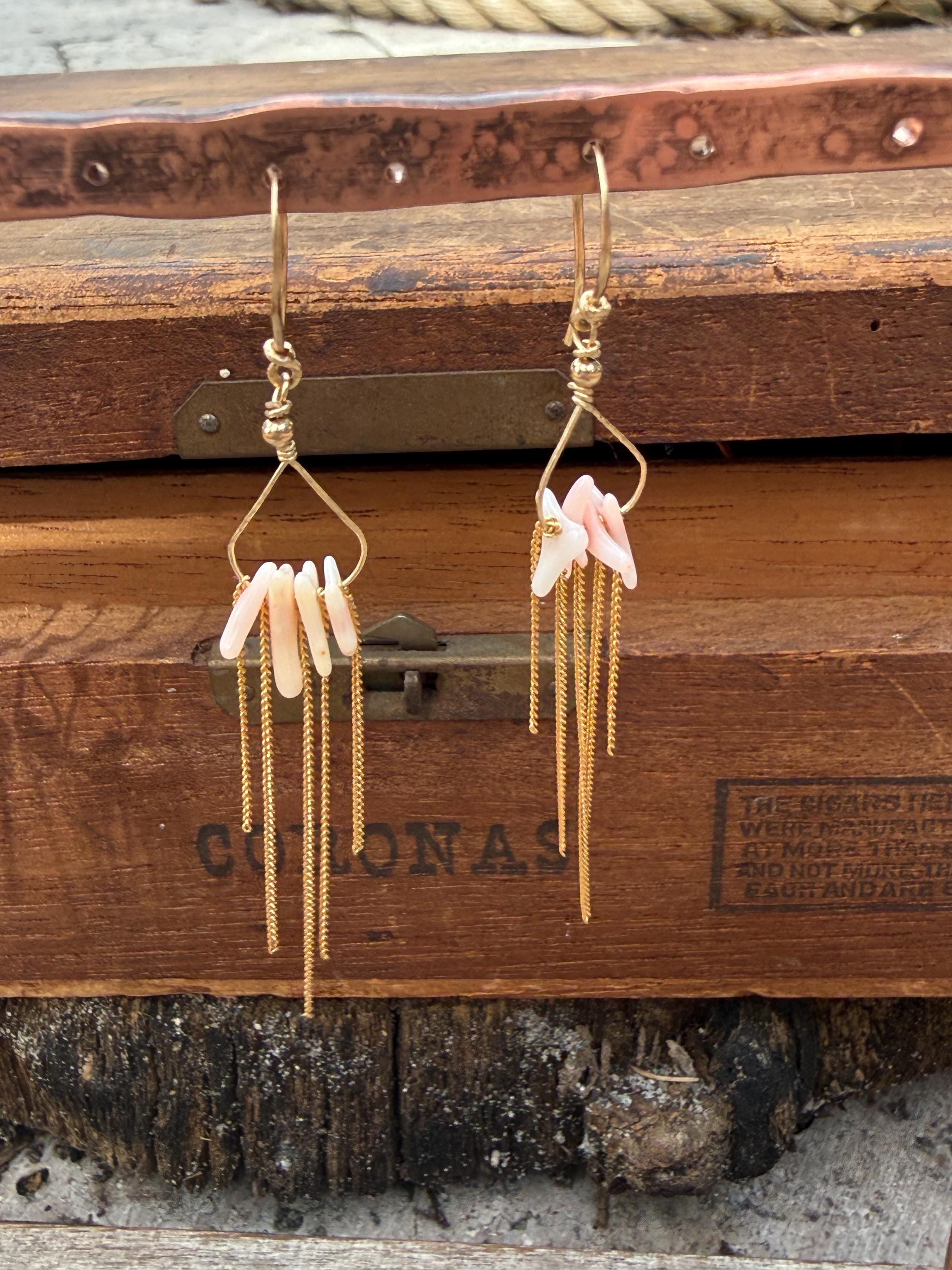 Angel Skin Coral & Chain Long Fringe Dangle Earrings in 14kgf, Handmade