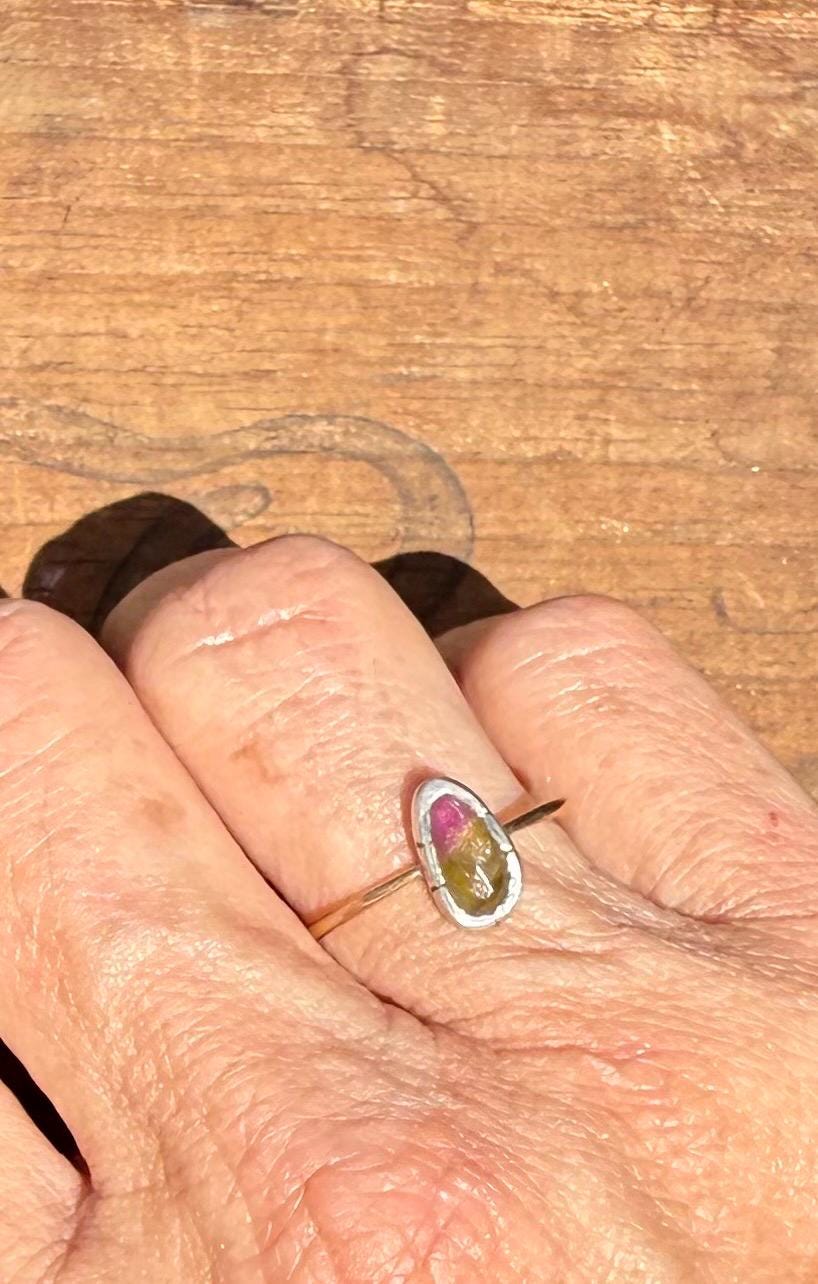 Rose Cut Watermelon Tourmaline Ring: Sterling Silver & 14K Gold, Size 8.25