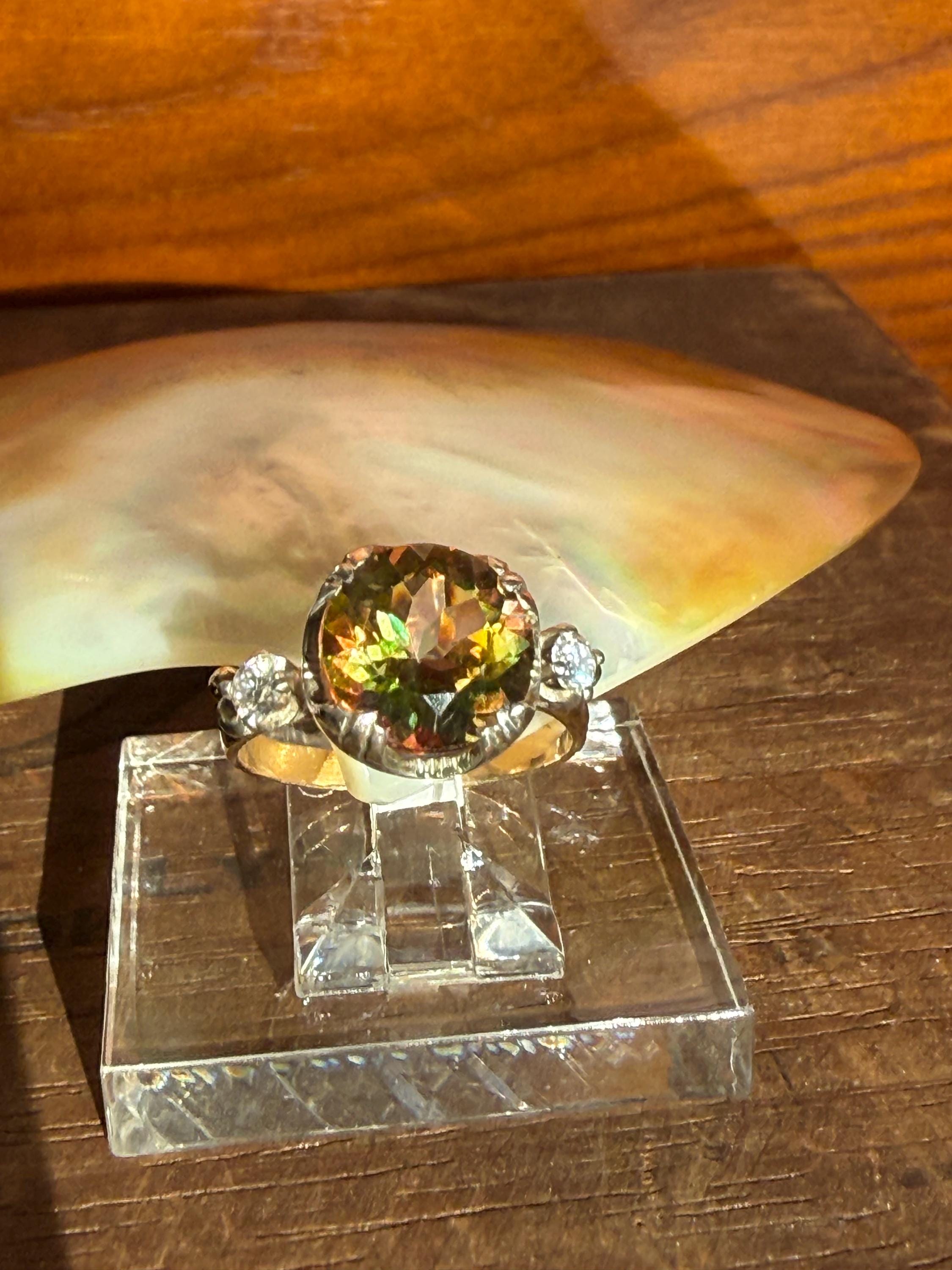 4 Carat Treasure Cave Mystic Topaz from Brazil, Flanked with Moissanite Diamonds, 14k Gold Vintage Band, size 6.5