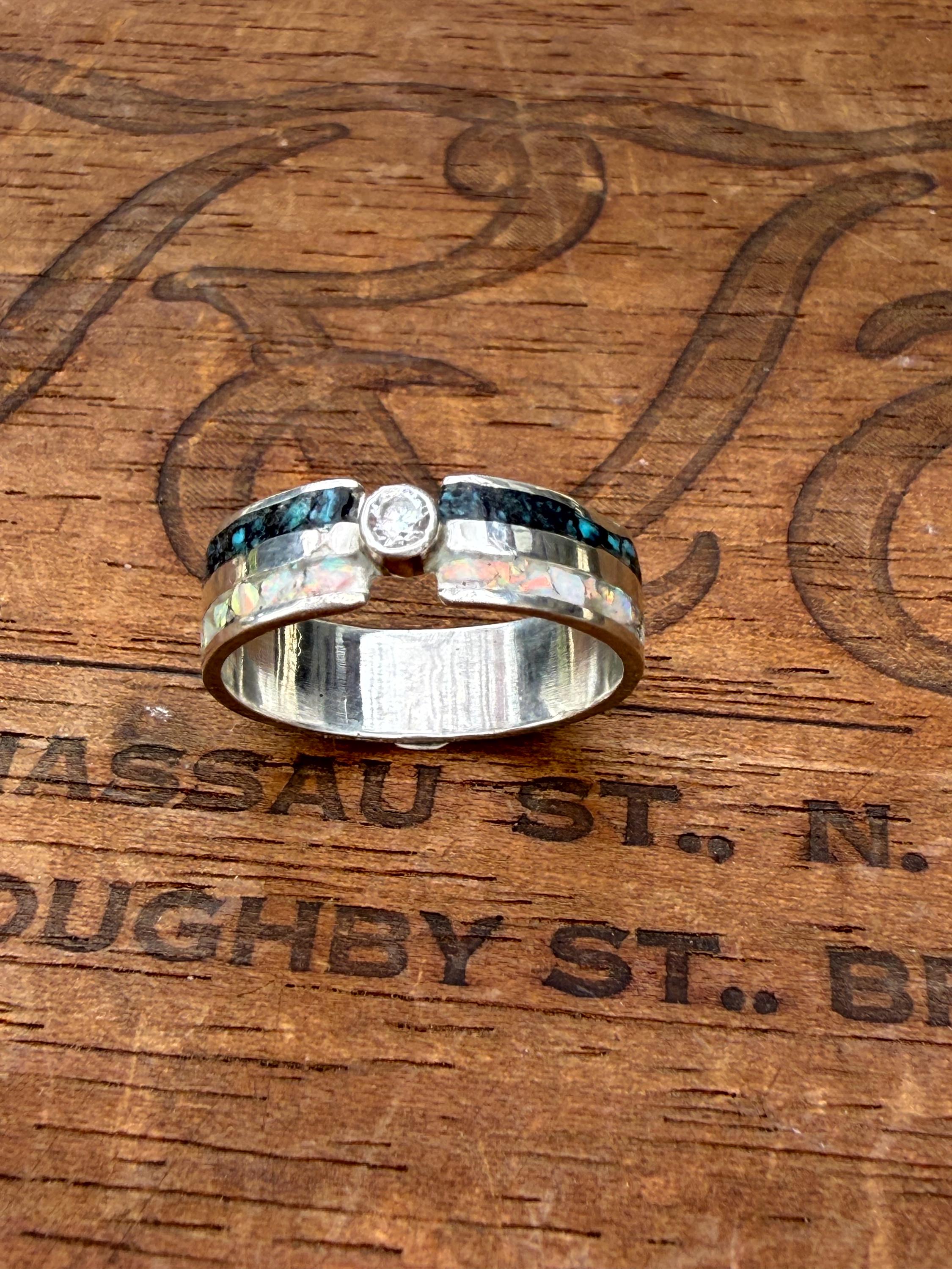 Turquoise and Opal Double Inlay Band with a Moissanite Center Diamond in Sterling Silver, size 8