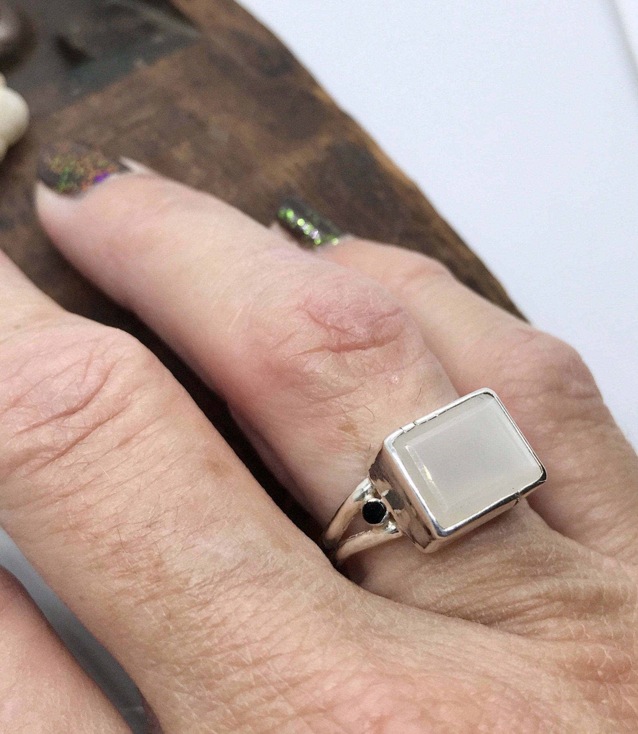 Emerald Cut CHALCEDONY with Spinel Sidelights in sterling silver, handmade with estate gems (earth friendly)
