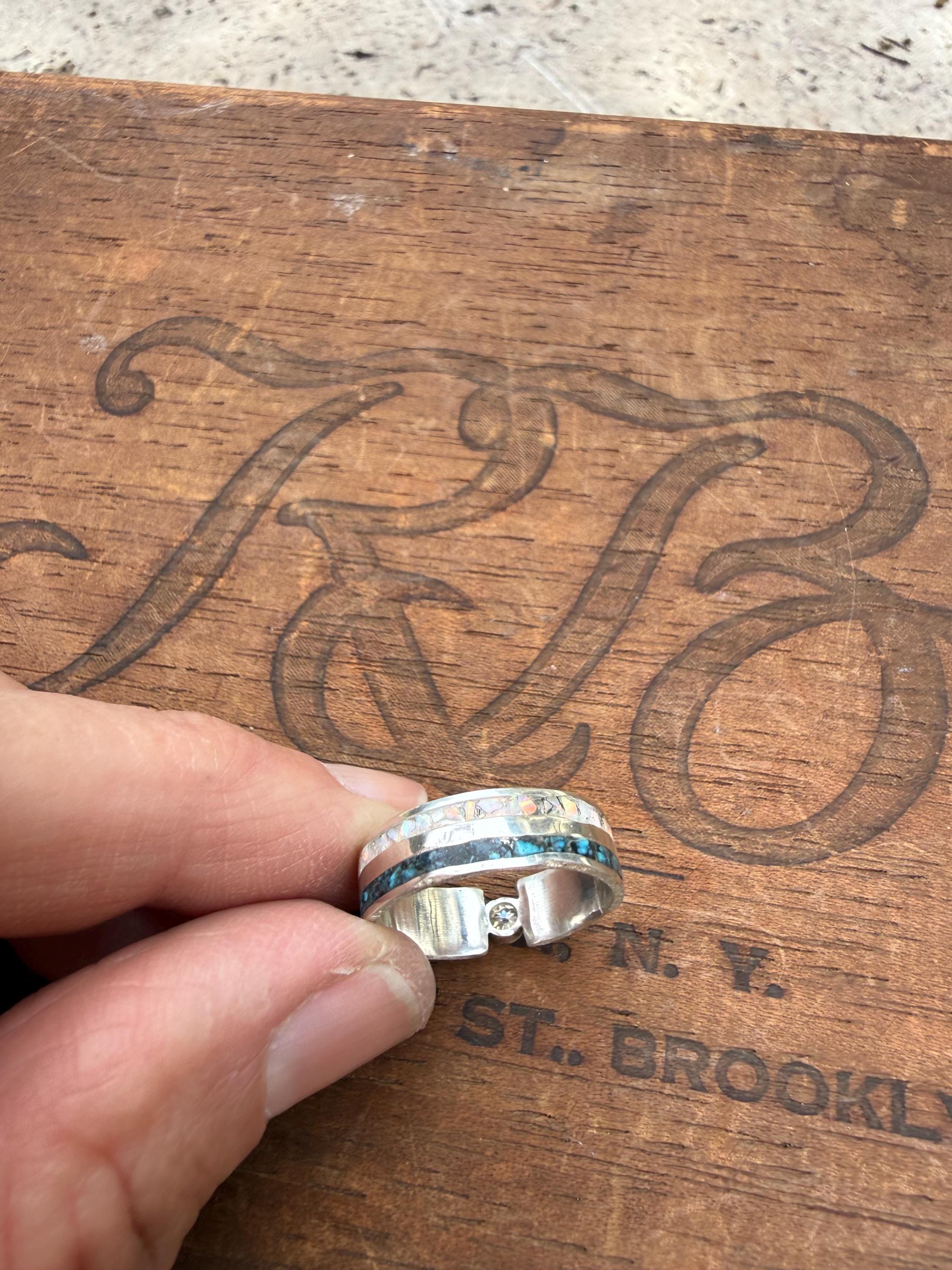 Turquoise and Opal Double Inlay Band with a Moissanite Center Diamond in Sterling Silver, size 8