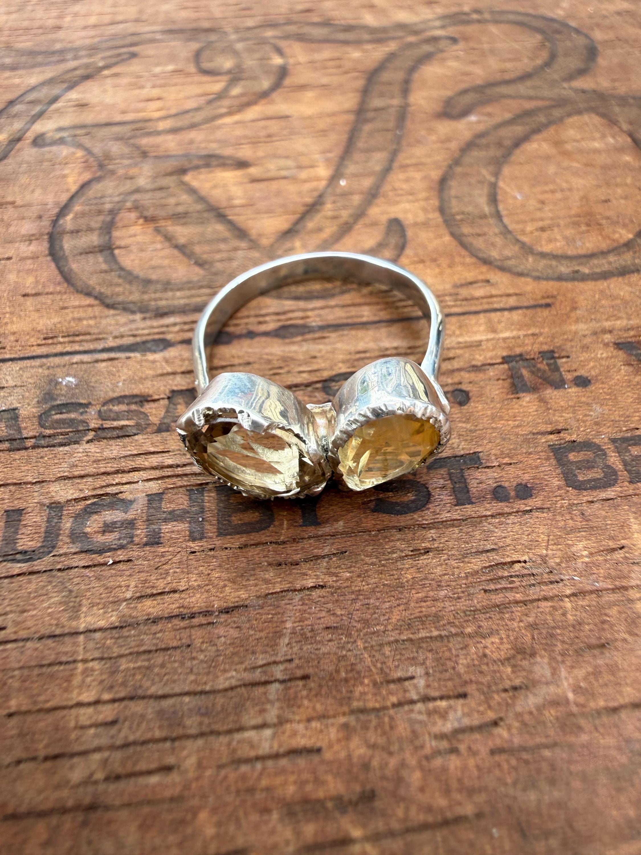 Hand-forged Sterling Silver Ring with Citrine Gemstones, size 6 3/4.