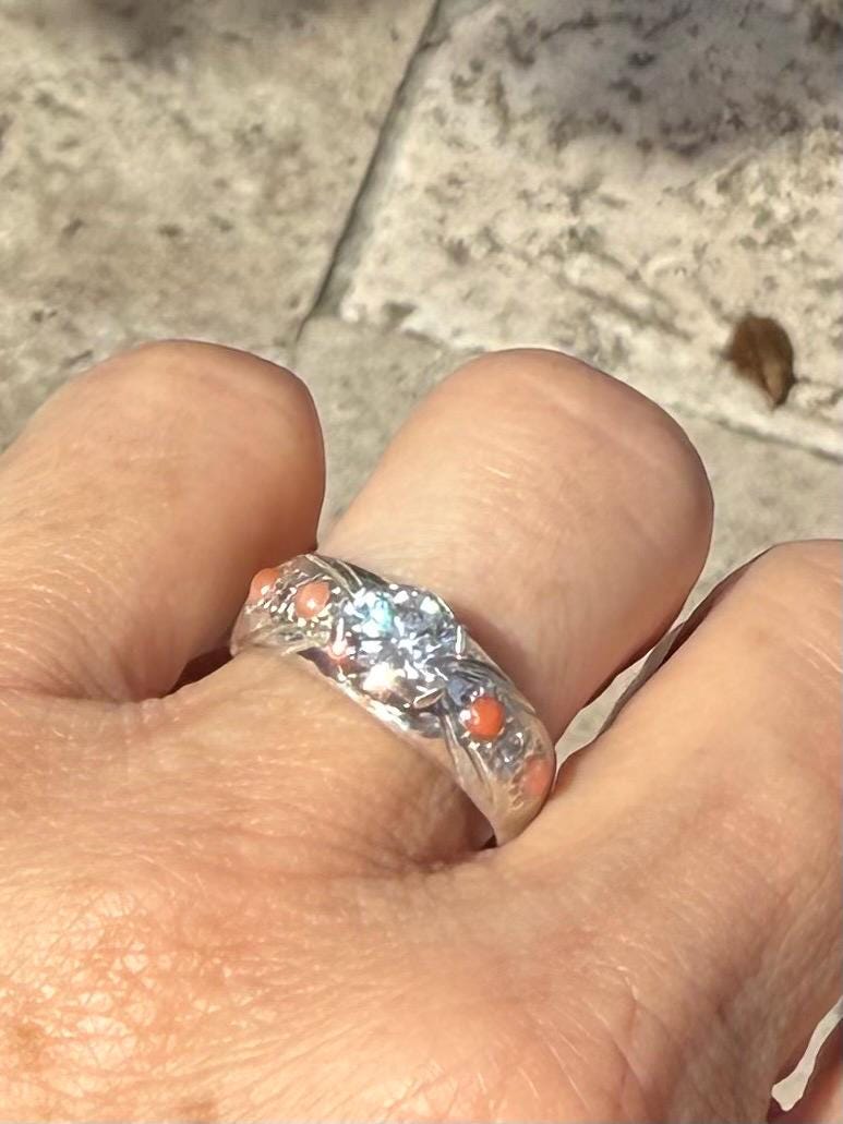 1 Carat Center Moissanite Diamond Ring with Vintage Coral and smaller moissanites in Sterling Silver with custom engraving, size 8