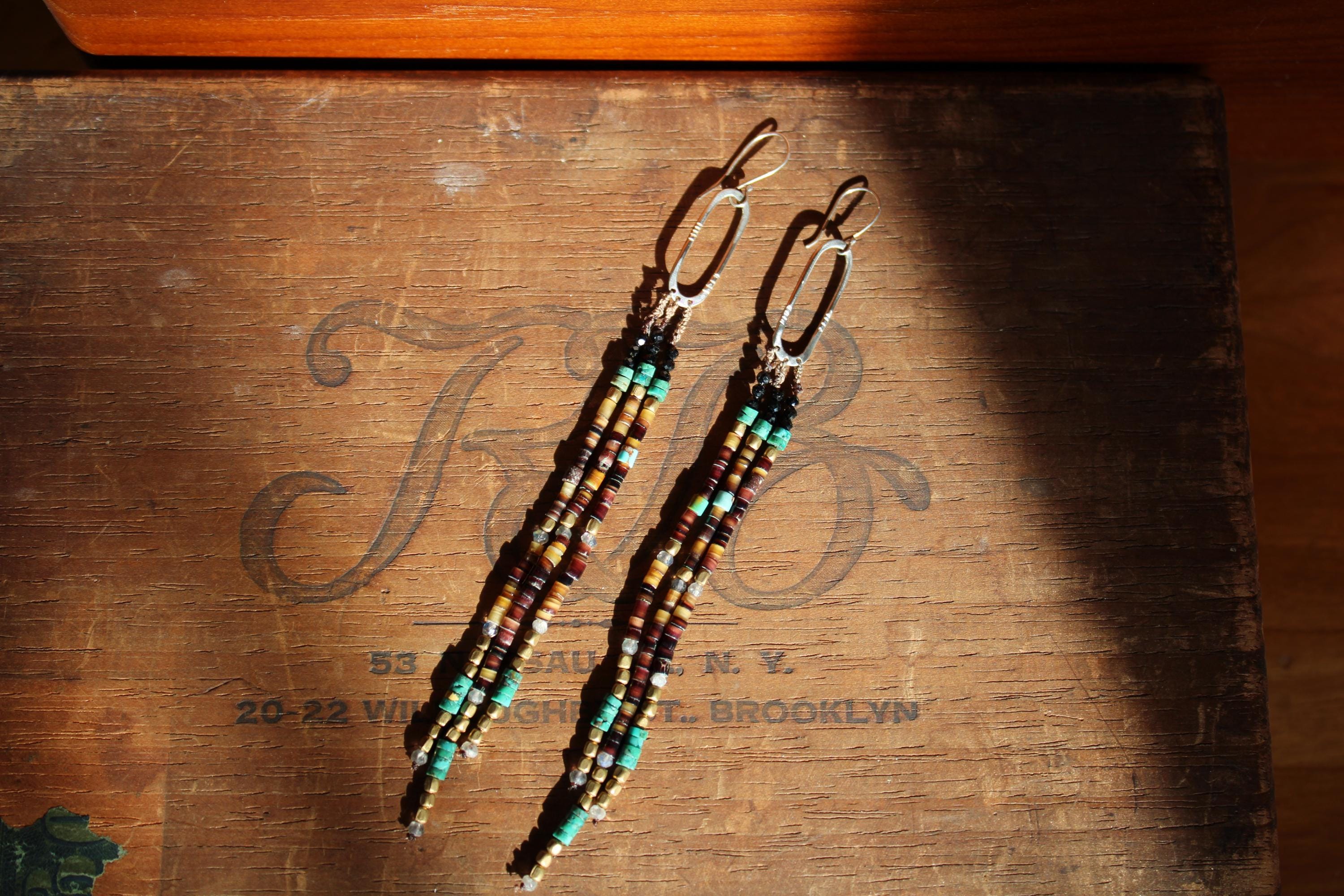 Gypsy Earrings with Shell, Labradorite, Turquoise, Black Tourmaline & Brass beads and Sterling Silver.