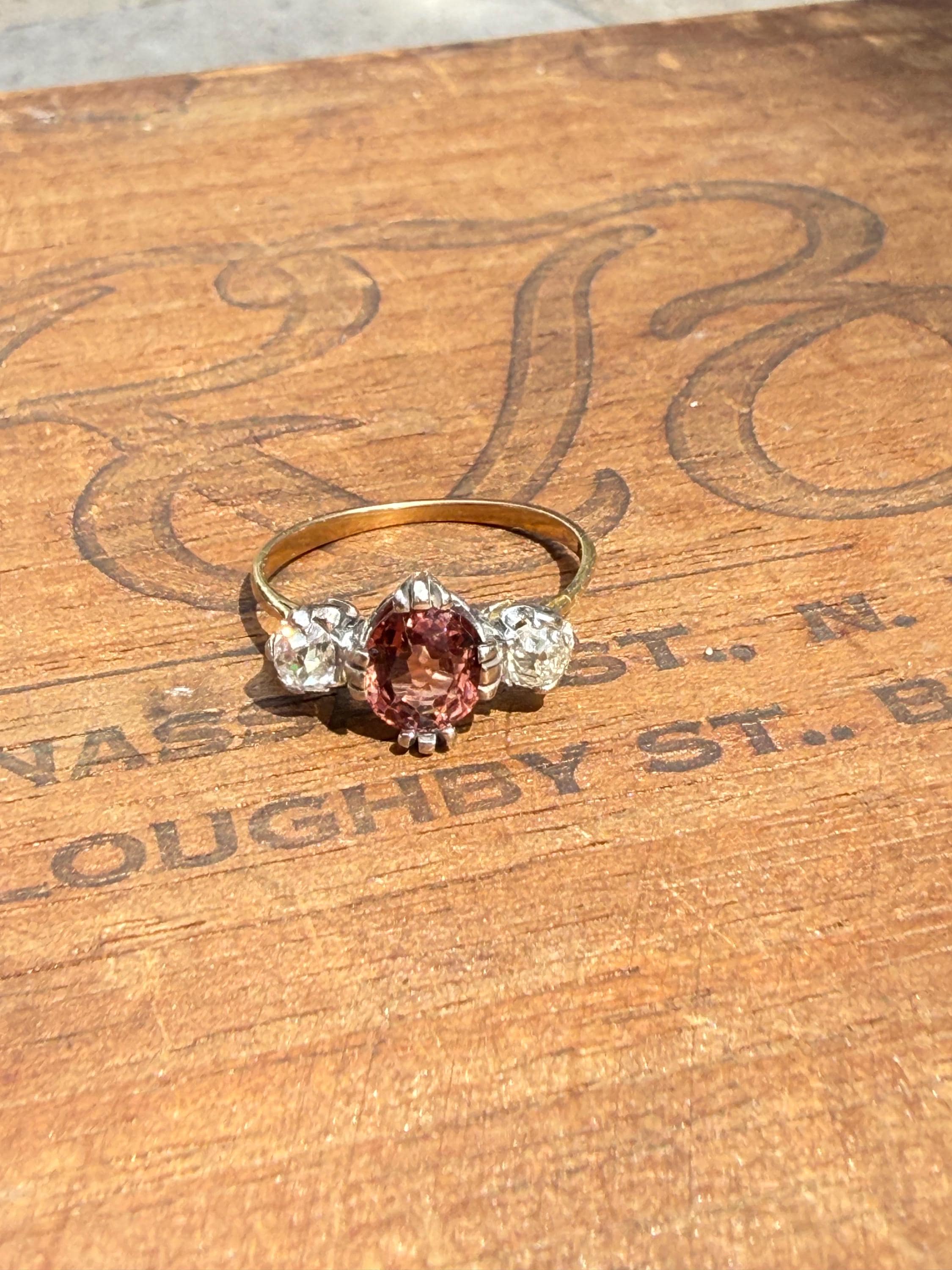 Gorgeous Victorian Trilogy Ring in 18Ct Yellow and White Gold, featuring a 1 carat Spinel, and (2) 22.5 pt Old European cut Natural Diamonds