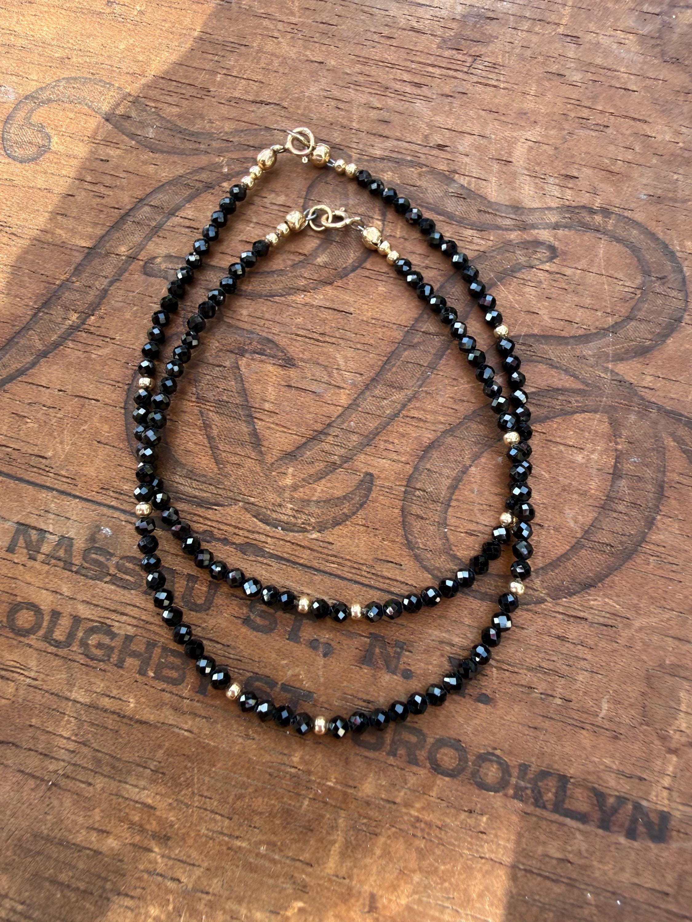 Black Tourmaline & 14k Gold Beaded Bracelet, size 6 3/4”