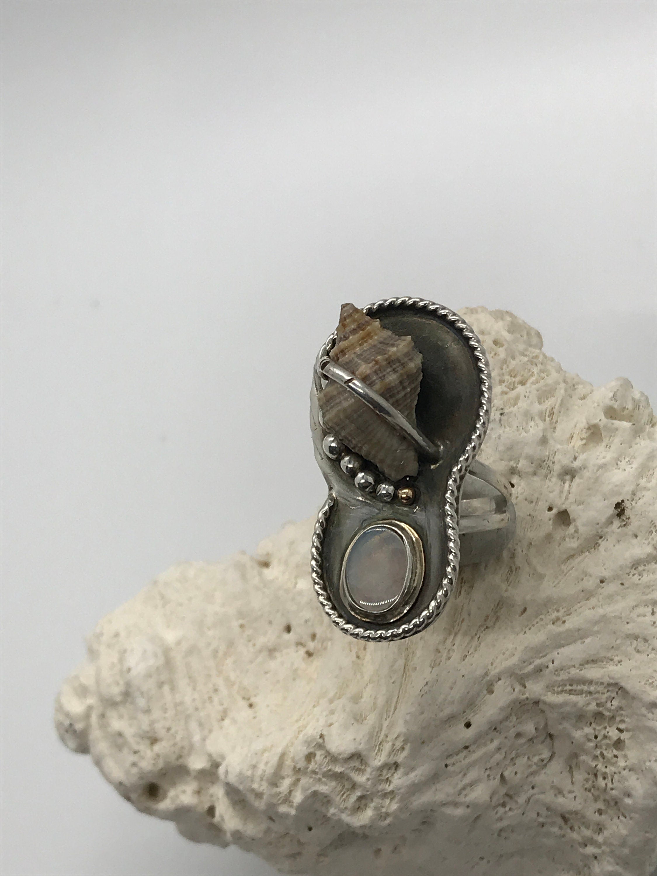 Hand-Picked Florida Rock Snail Shell, Paired with a Beautiful Opal in Mixed Metal; Truly a One of a Kind JO's Beach Inspired Artisan Ring