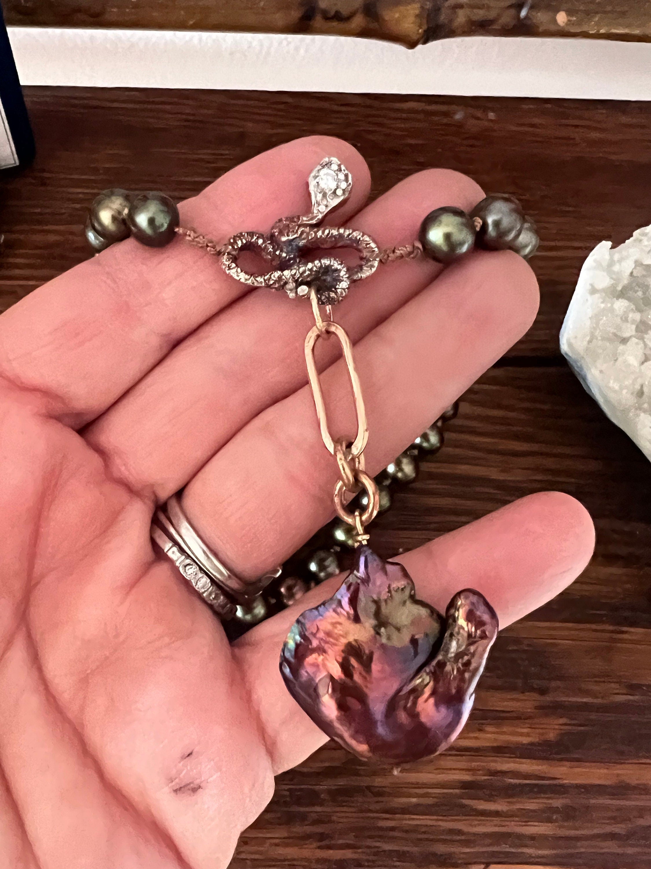 Cultured Peacock Freshwater Pearls with a Hand Carved Jeweled Snake in Fine Silver