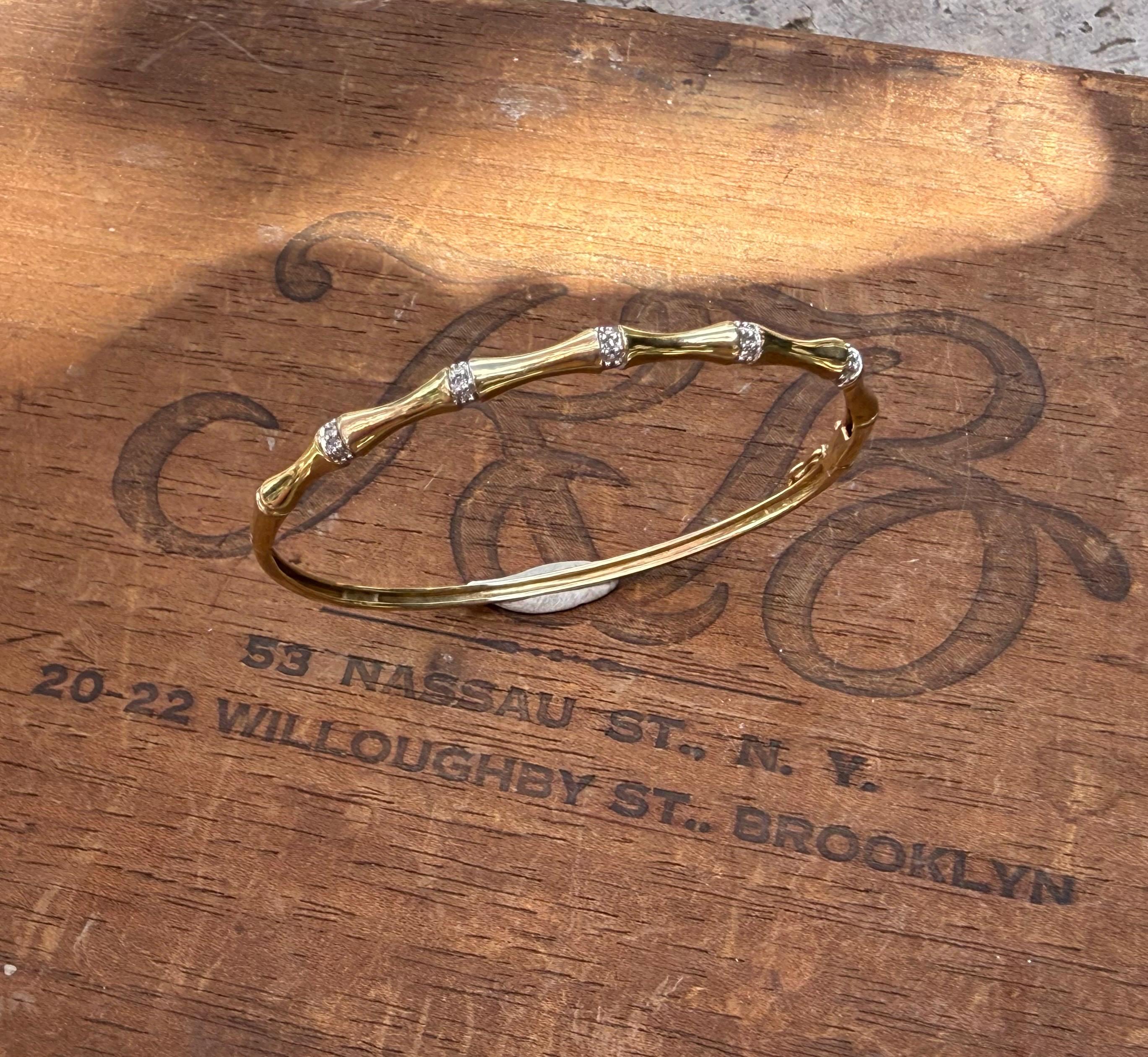 Vintage Gold Bamboo Bangle from UK in Yellow and White 9K Gold with Natural Diamonds, 6.4 grams.