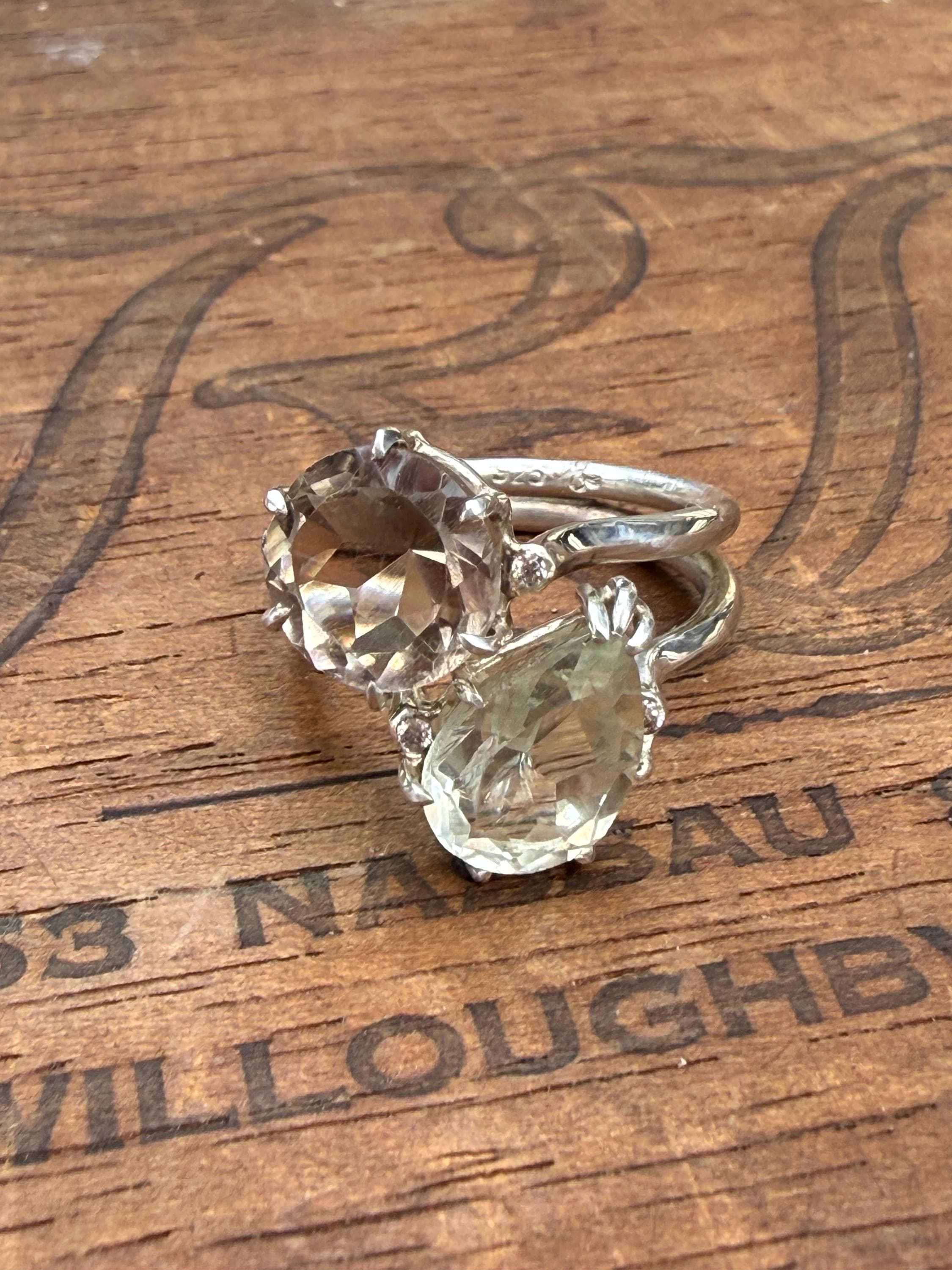 Toi et Moi or 'You and Me' Handmade Ring in Smoky Topaz and Green Flourite, with 4 tiny diamonds and Sterling Silver,  Size 7