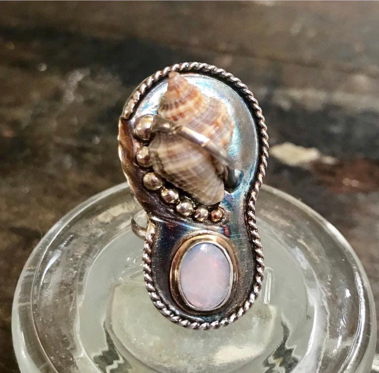Hand-Picked Florida Rock Snail Shell, Paired with a Beautiful Opal in Mixed Metal; Truly a One of a Kind JO's Beach Inspired Artisan Ring