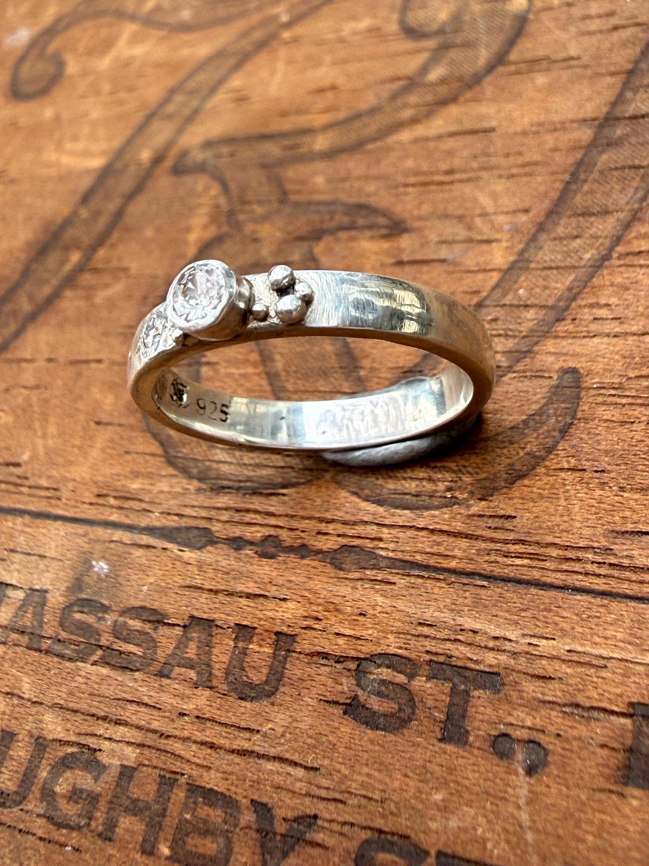 White Sapphire and Diamond Sterling Silver Band, Size 6 3/4