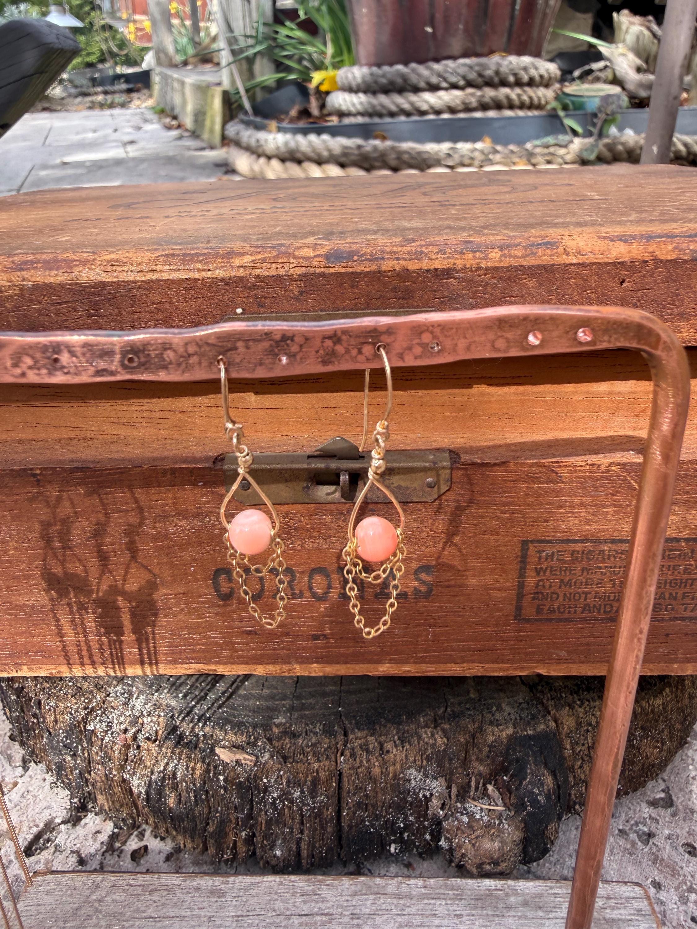 Angel Skin Coral & Chain Lightweight Dangle Earrings in 14kgf, Handmade
