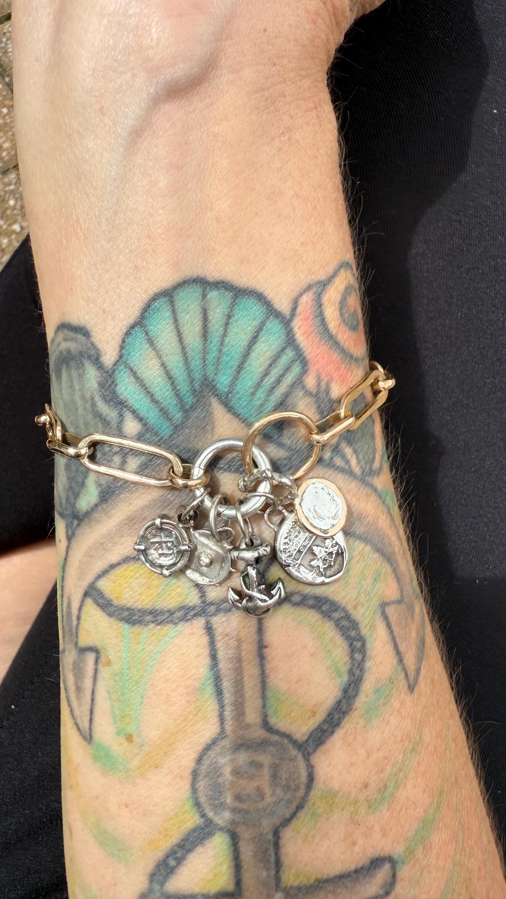 Hand-Forged 14KGF Paperclip Bracelet with Fine Silver Charms