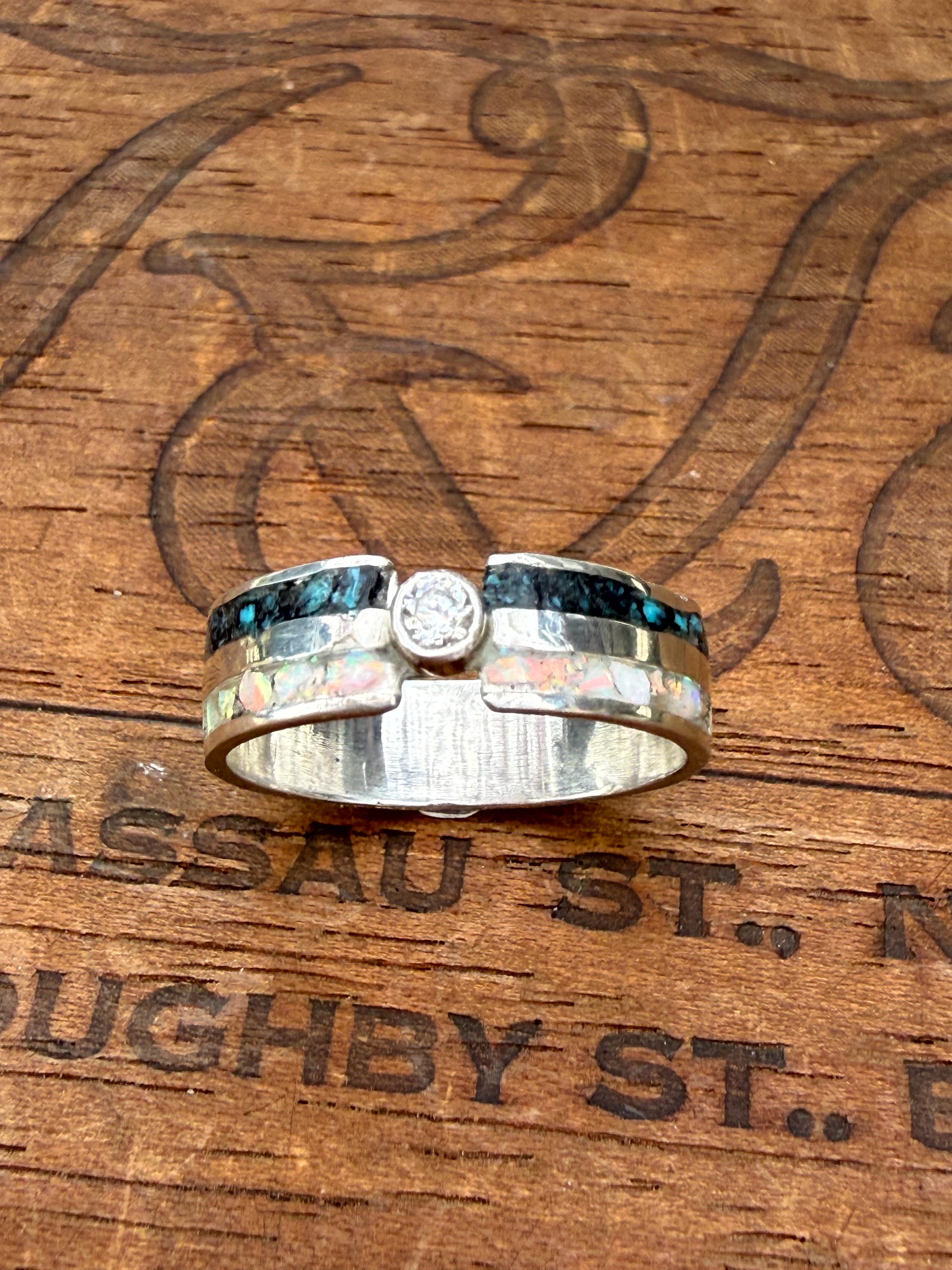 Turquoise and Opal Double Inlay Band with a Moissanite Center Diamond in Sterling Silver, size 8
