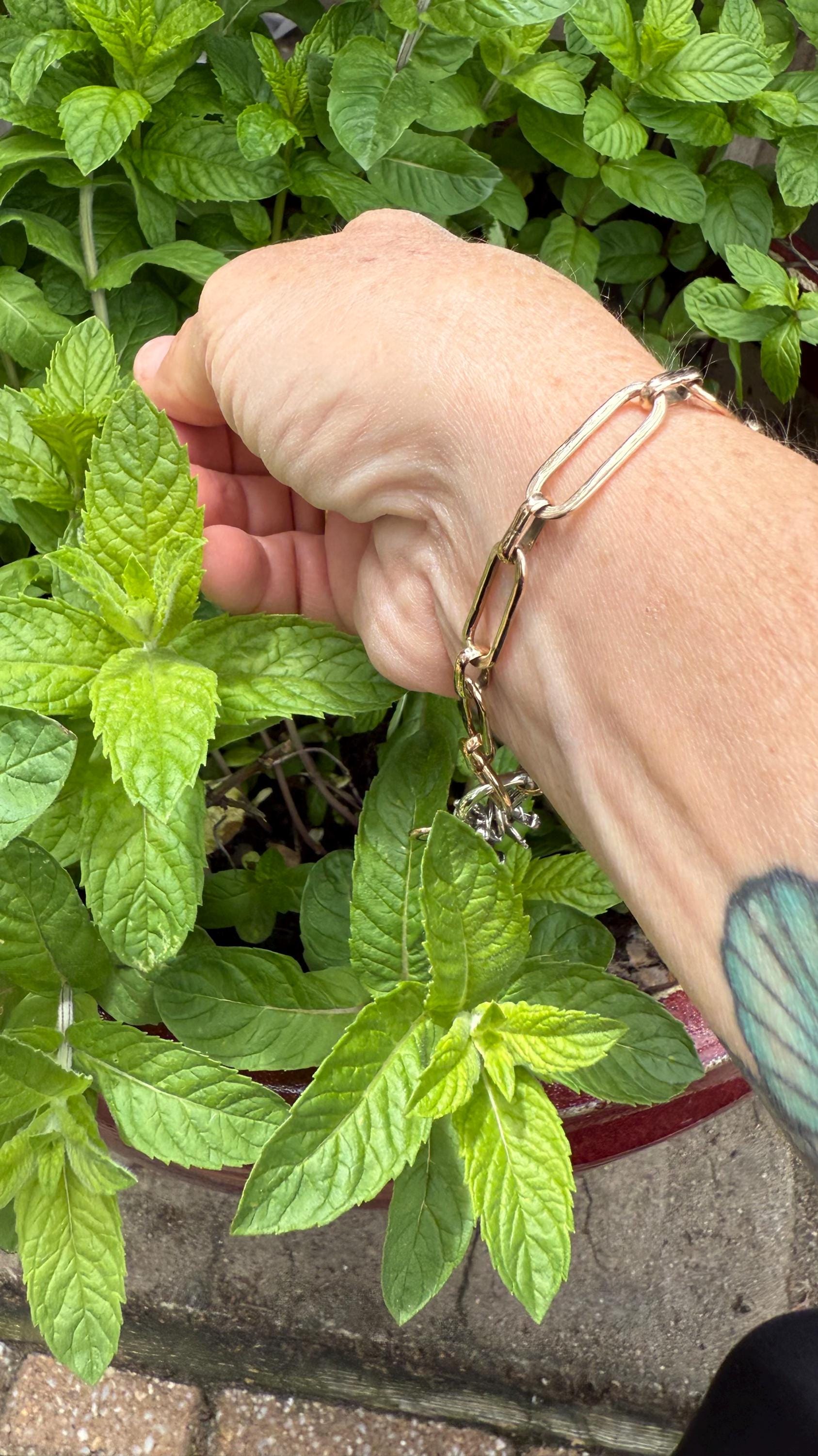 Hand-Forged 14KGF Paperclip Bracelet with Fine Silver Charms