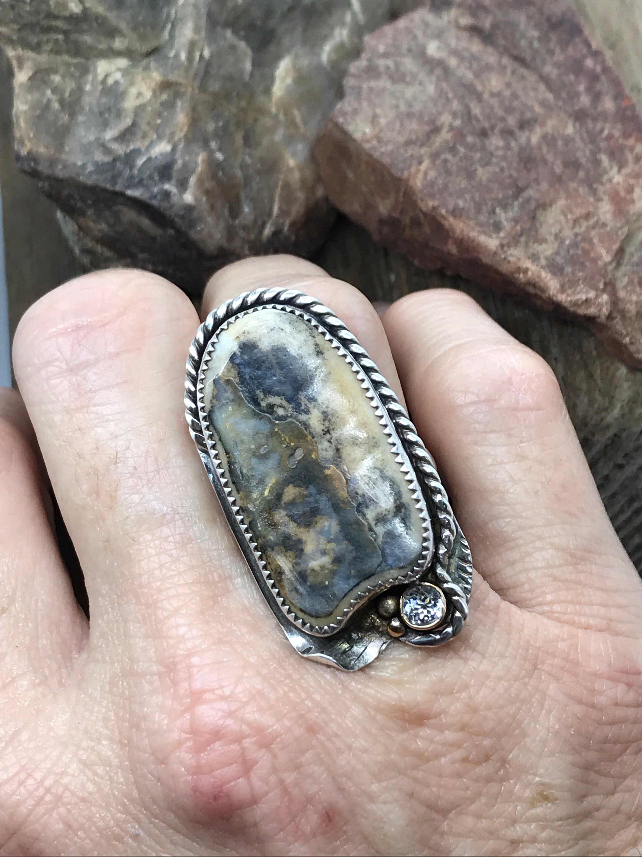 CLAM SHELL Ring Paired with a 5mm White Topaz, Handmade in Sterling and Fine Silver & 14KGF Accents