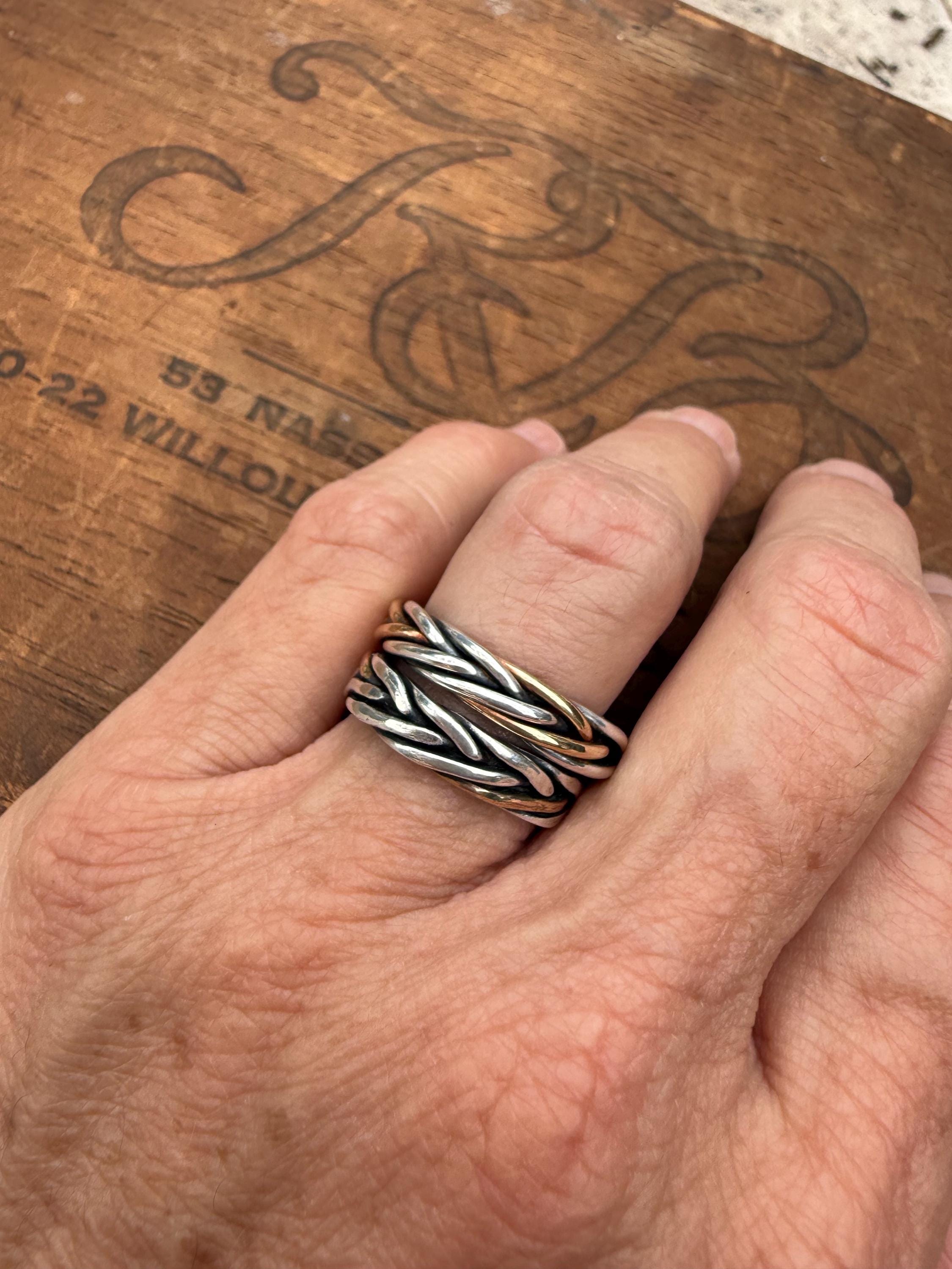 Fishtail Braided Rings with Sterling Silver & 14kgf, Adjustable.