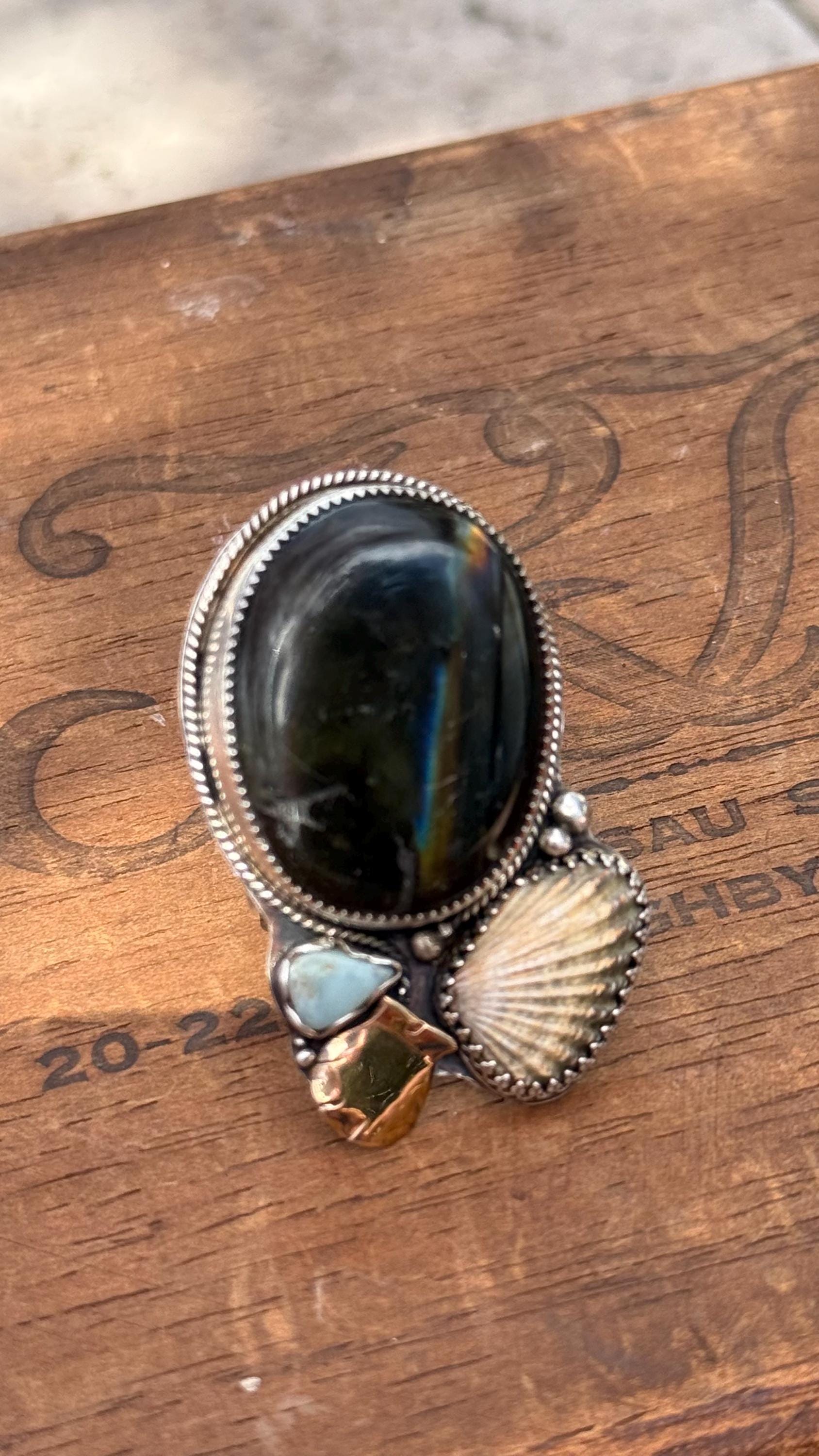 Flashing Labradorite, Broad-Ribbed Cardita Shell, Recycled Larimar, Cardita Shell, & Hand-Forged Scallop Shell in Mix of SS and 14KGF; 10MM Reticulated Band