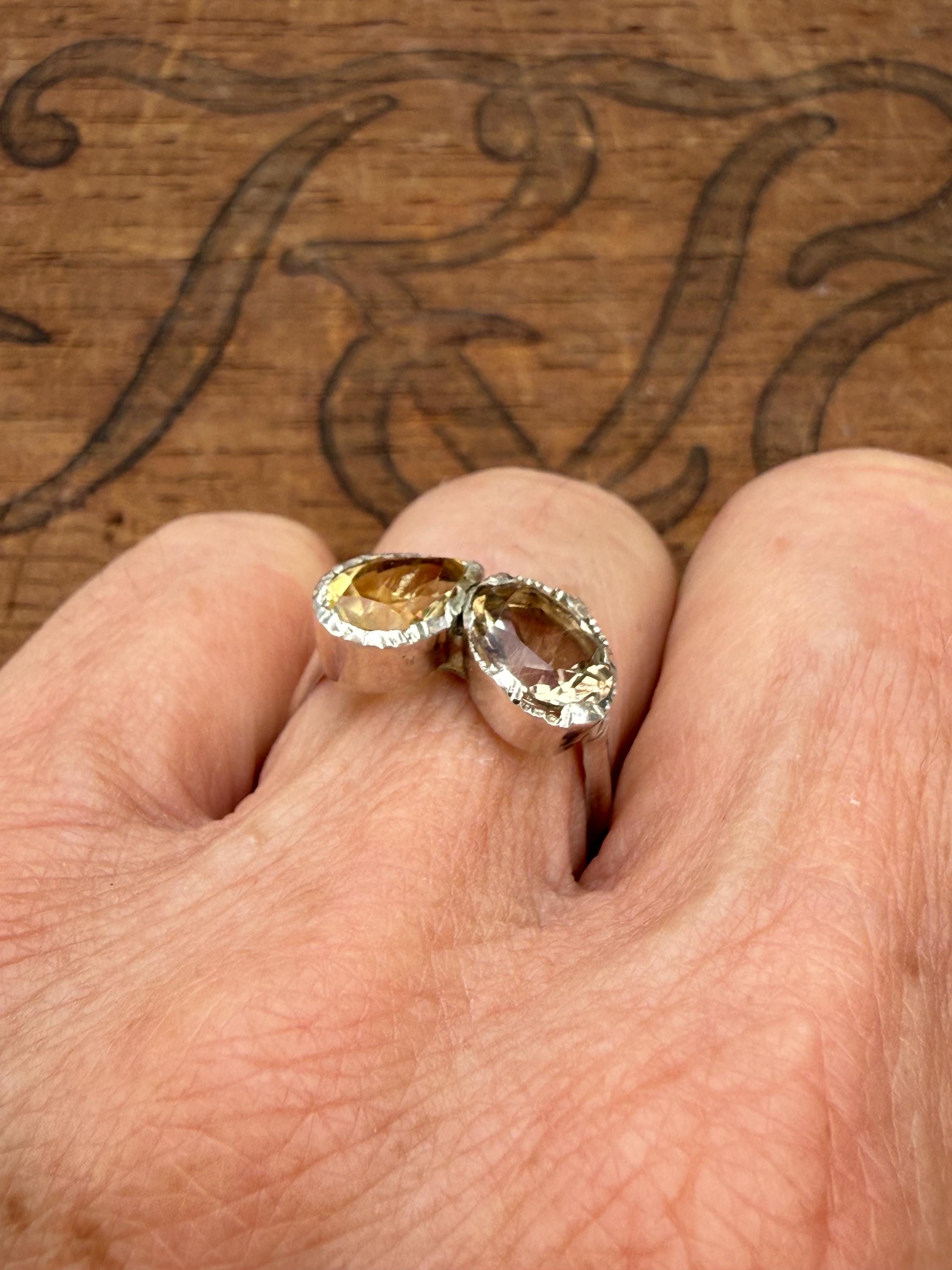 Hand-forged Sterling Silver Ring with Citrine Gemstones, size 6 3/4.