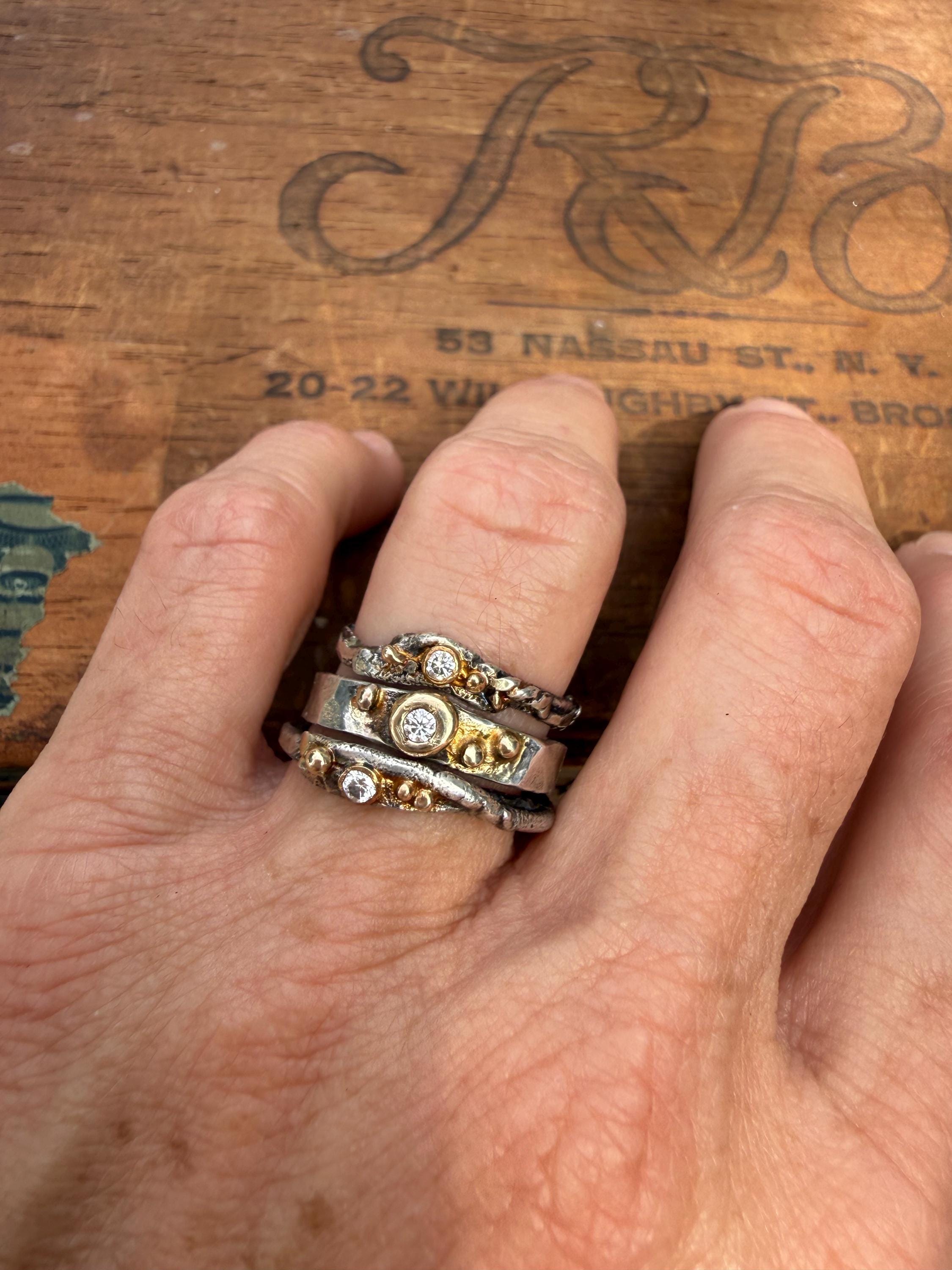 Fused Sterling Silver & Recycled 14K Gold with  a 2mm Moissanite Diamond.