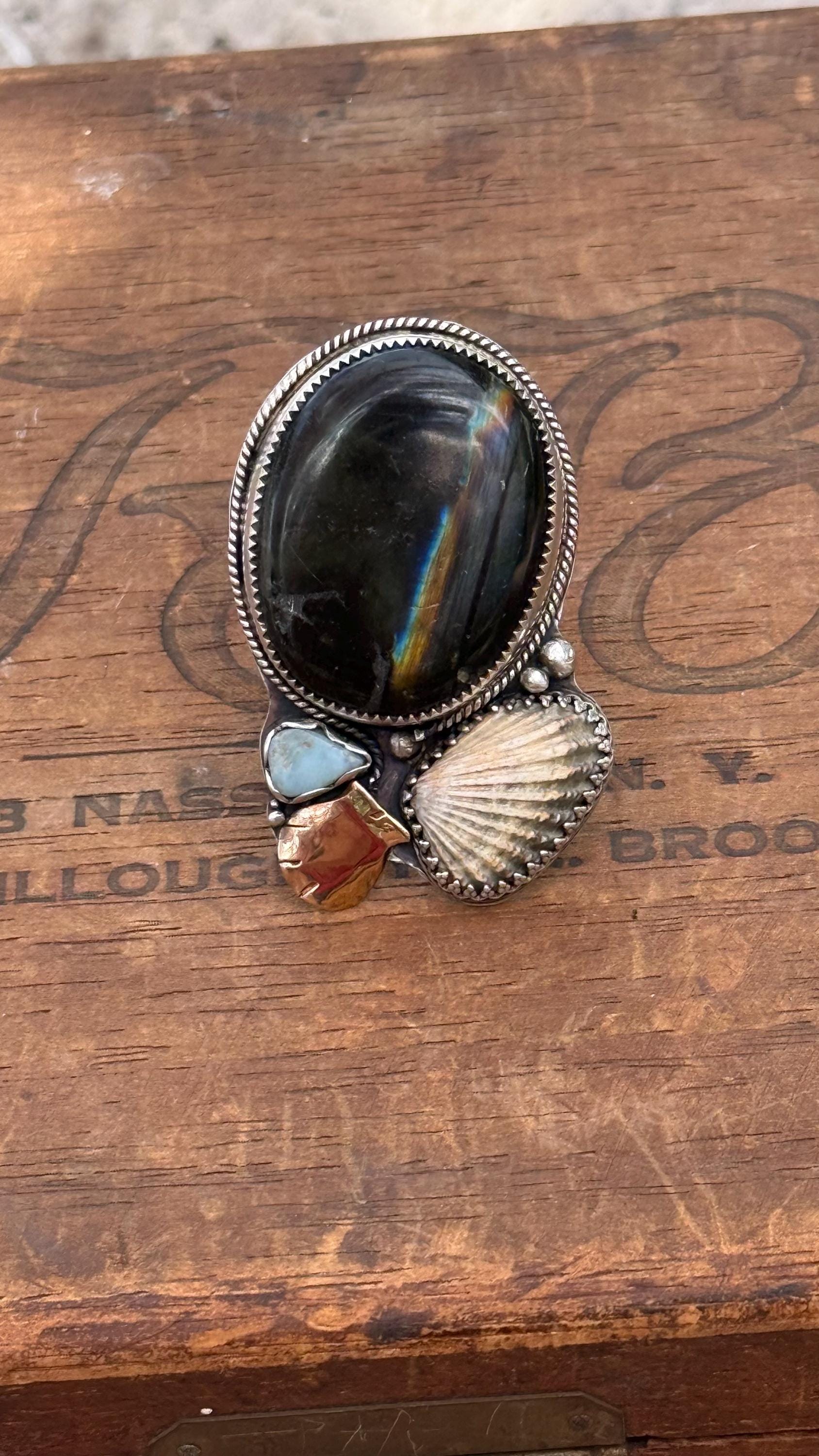 Flashing Labradorite, Broad-Ribbed Cardita Shell, Recycled Larimar, Cardita Shell, & Hand-Forged Scallop Shell in Mix of SS and 14KGF; 10MM Reticulated Band