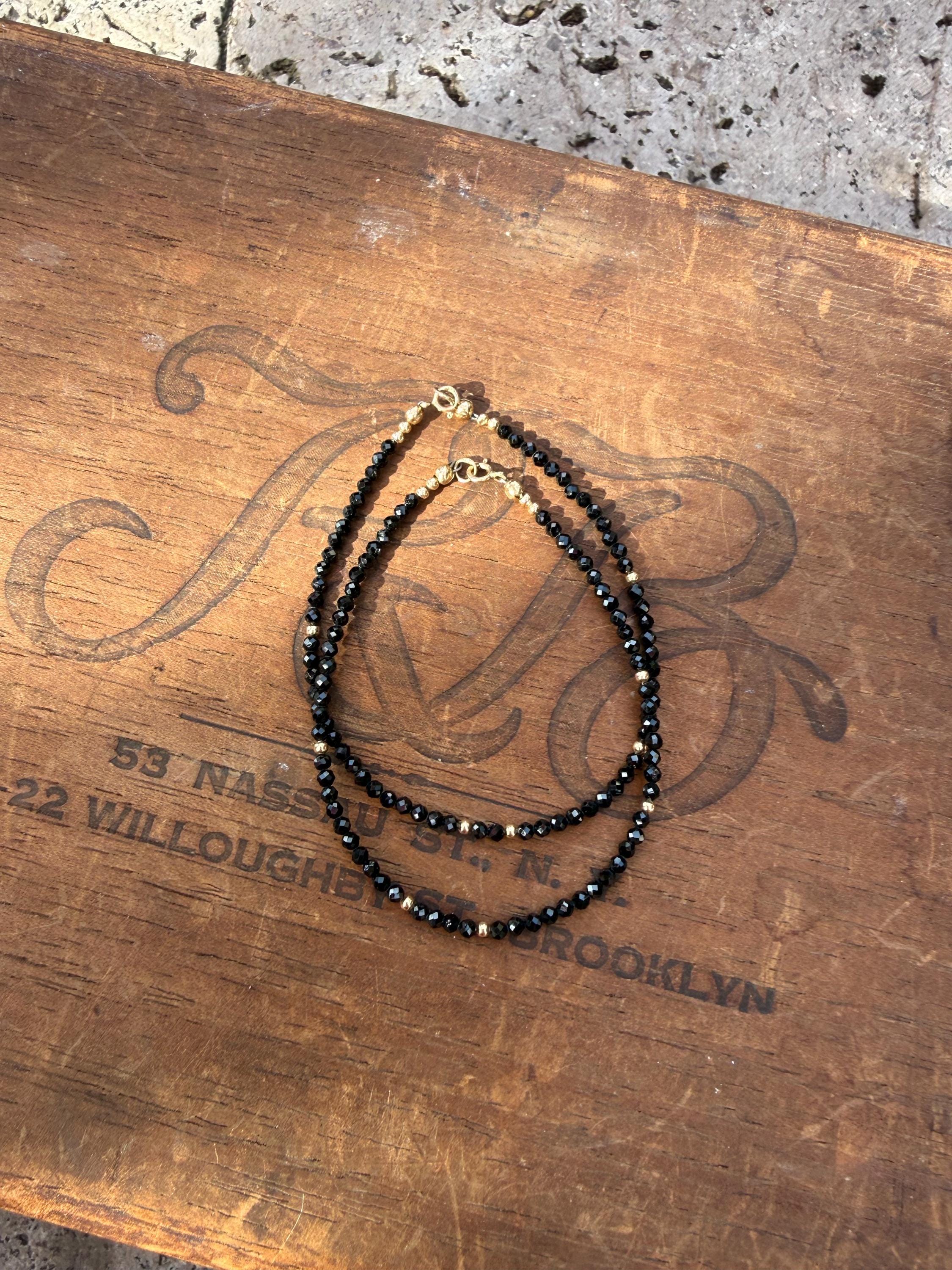 Black Tourmaline & 14k Gold Beaded Bracelet, size 6 3/4”