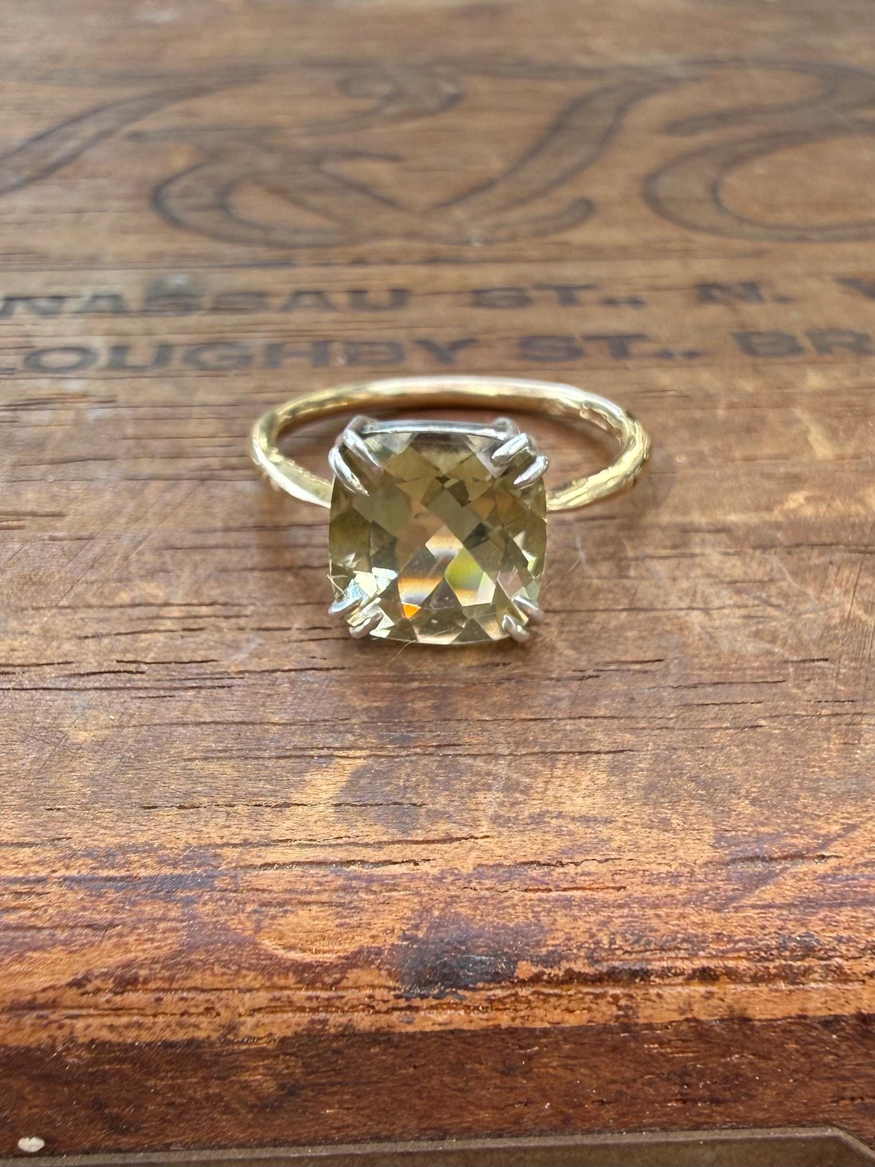 Handmade 2.3 Carats of Lemon Quartz Estate Stone and Vintage 14k Gold Band & Sterling Silver, Size 6.5