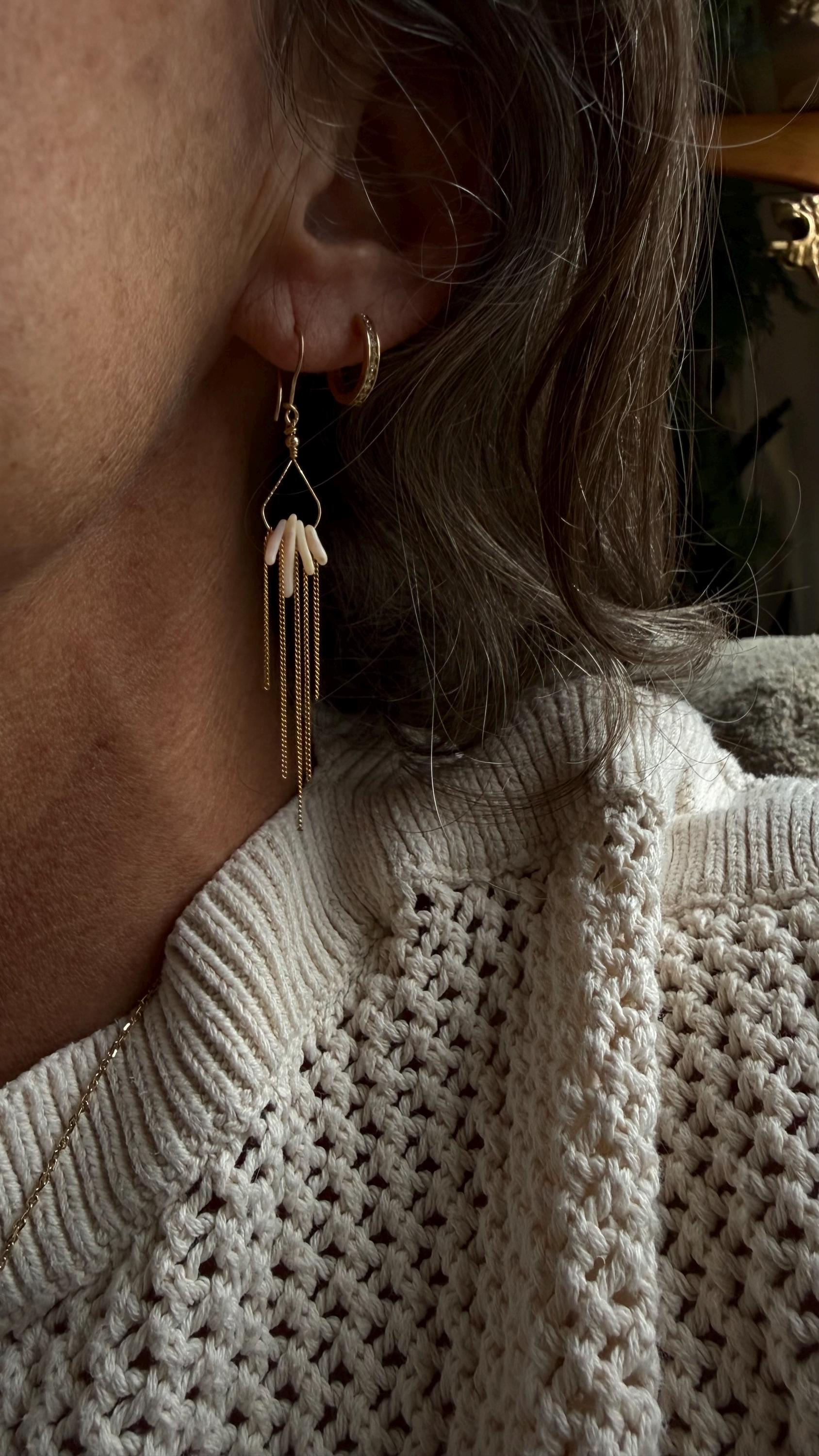 Angel Skin Coral & Chain Long Fringe Dangle Earrings in 14kgf, Handmade
