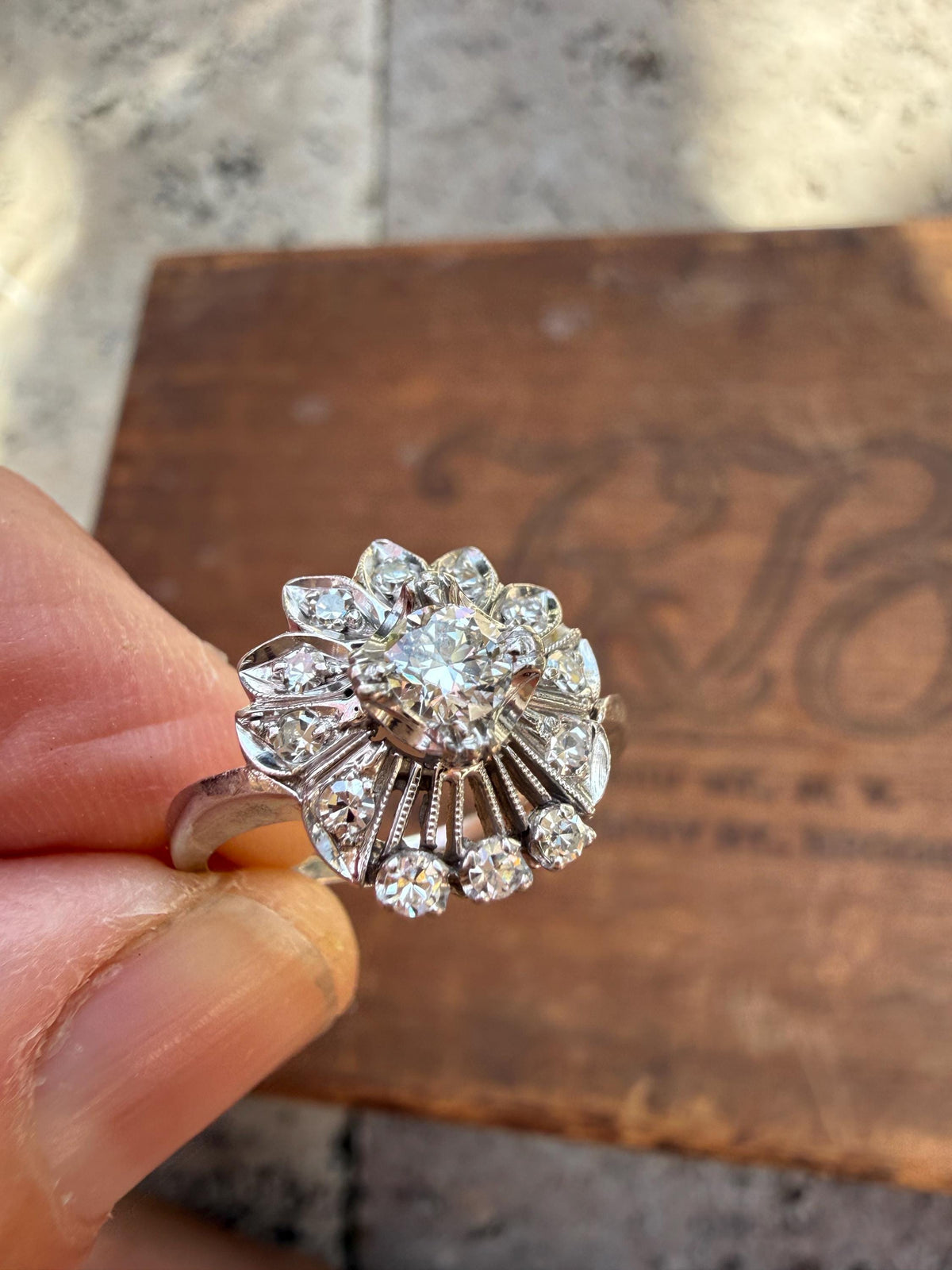 Antique Midcentury Cluster Flower Ring, Natural Diamonds, size 7. 1960’s