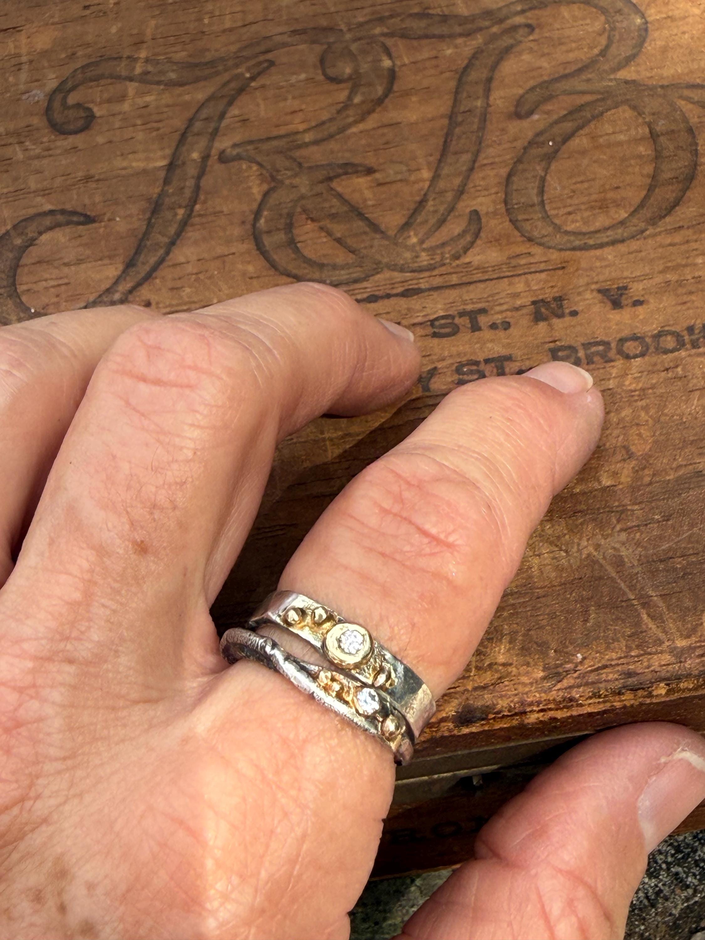 Fused Sterling Silver & Recycled 14K Gold with  a 2mm Moissanite Diamond.