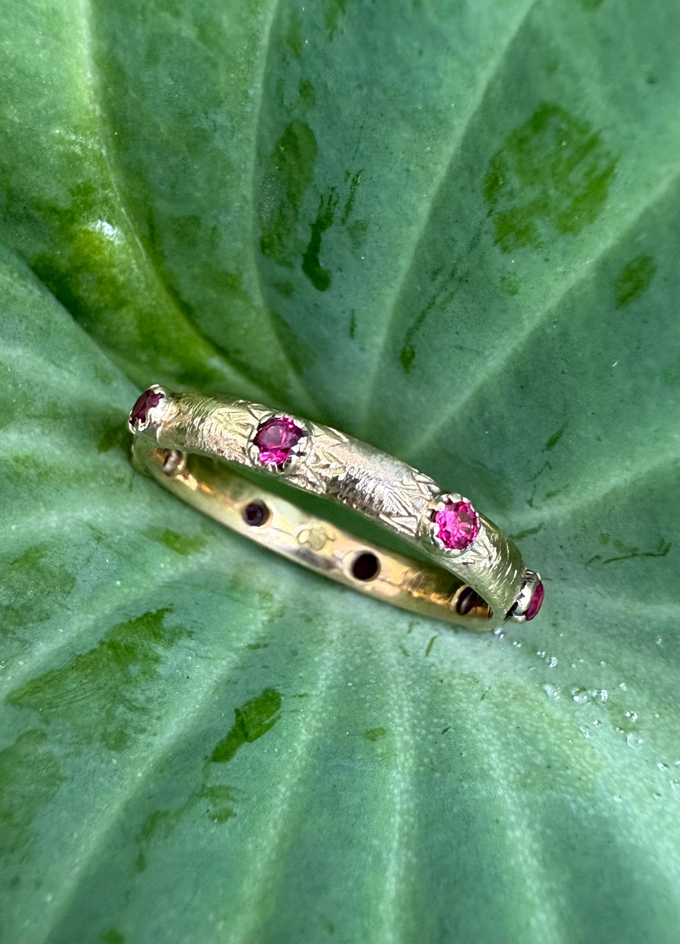 Recycled Vintage 14k Gold Band with Ruby’s and Hand Engraved Detail; size 7-3/4.