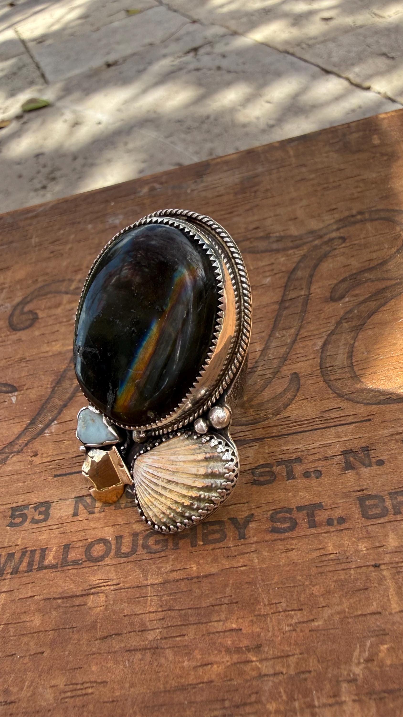 Flashing Labradorite, Broad-Ribbed Cardita Shell, Recycled Larimar, Cardita Shell, & Hand-Forged Scallop Shell in Mix of SS and 14KGF; 10MM Reticulated Band