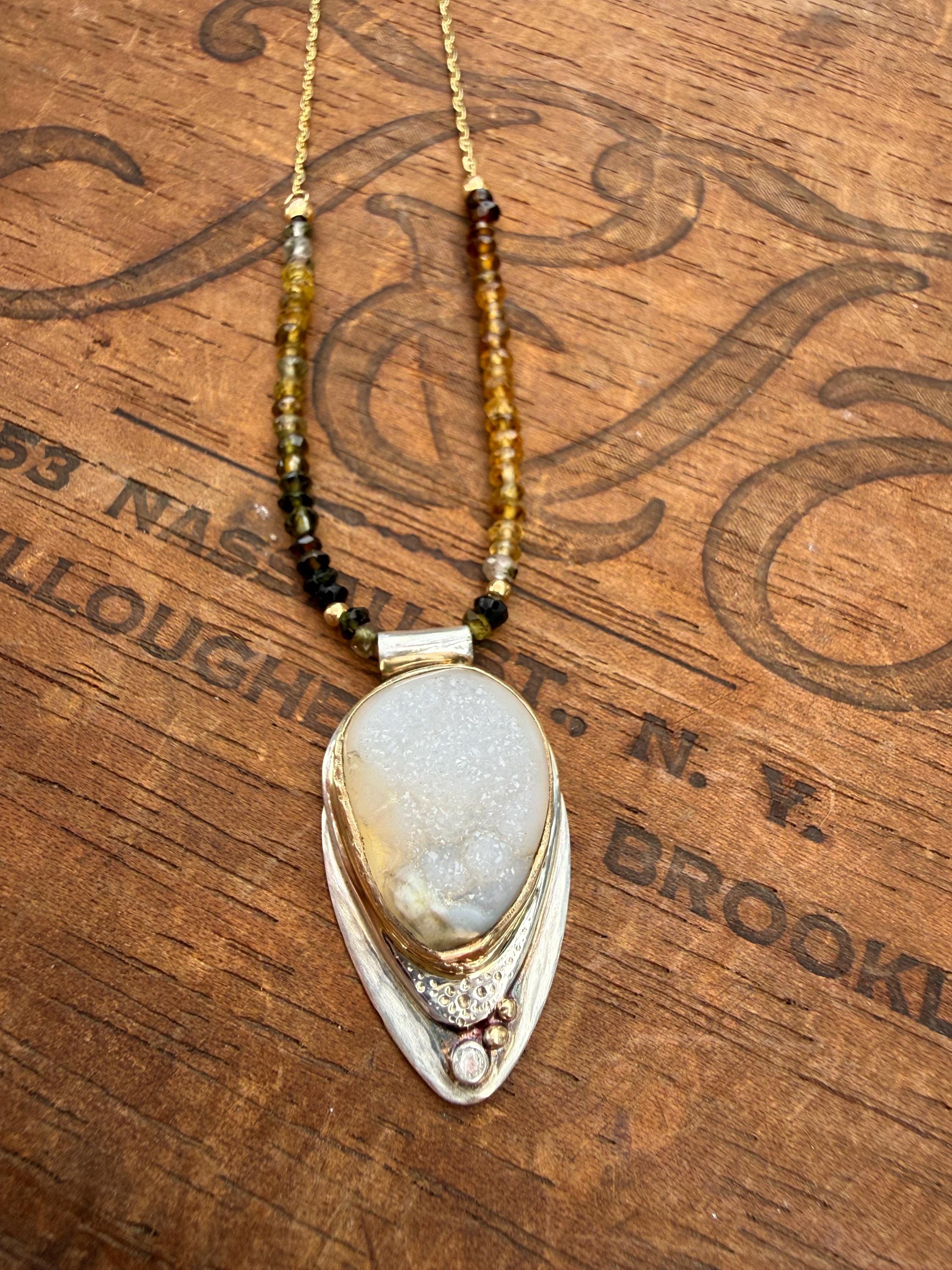 Druzy Diamond Pendant: 14K Gold & Sterling Silver, Tourmaline Bead Necklace