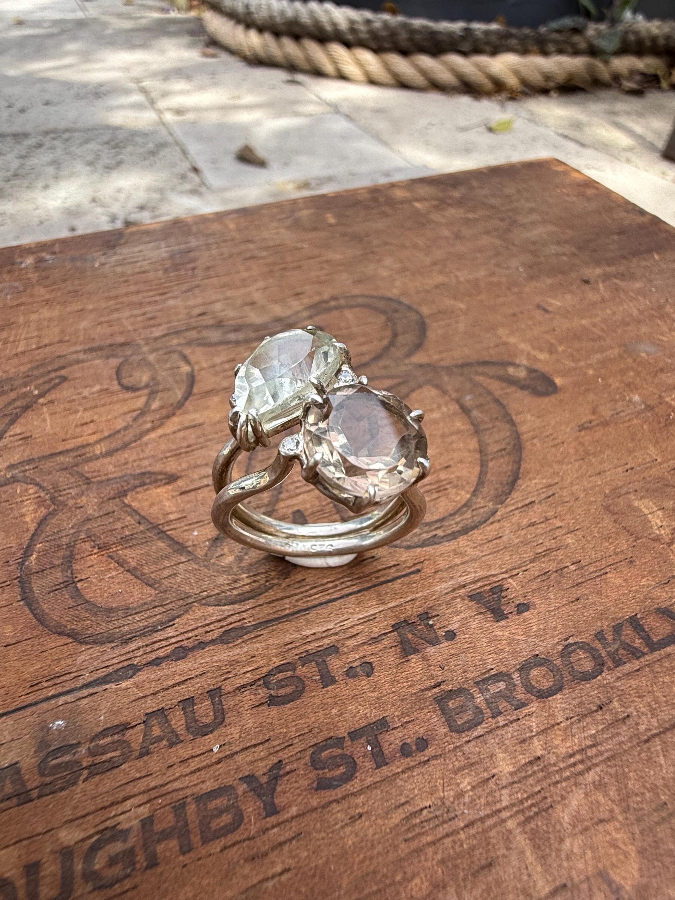 Toi et Moi or 'You and Me' Handmade Ring in Smoky Topaz and Green Flourite, with 4 tiny diamonds and Sterling Silver,  Size 7
