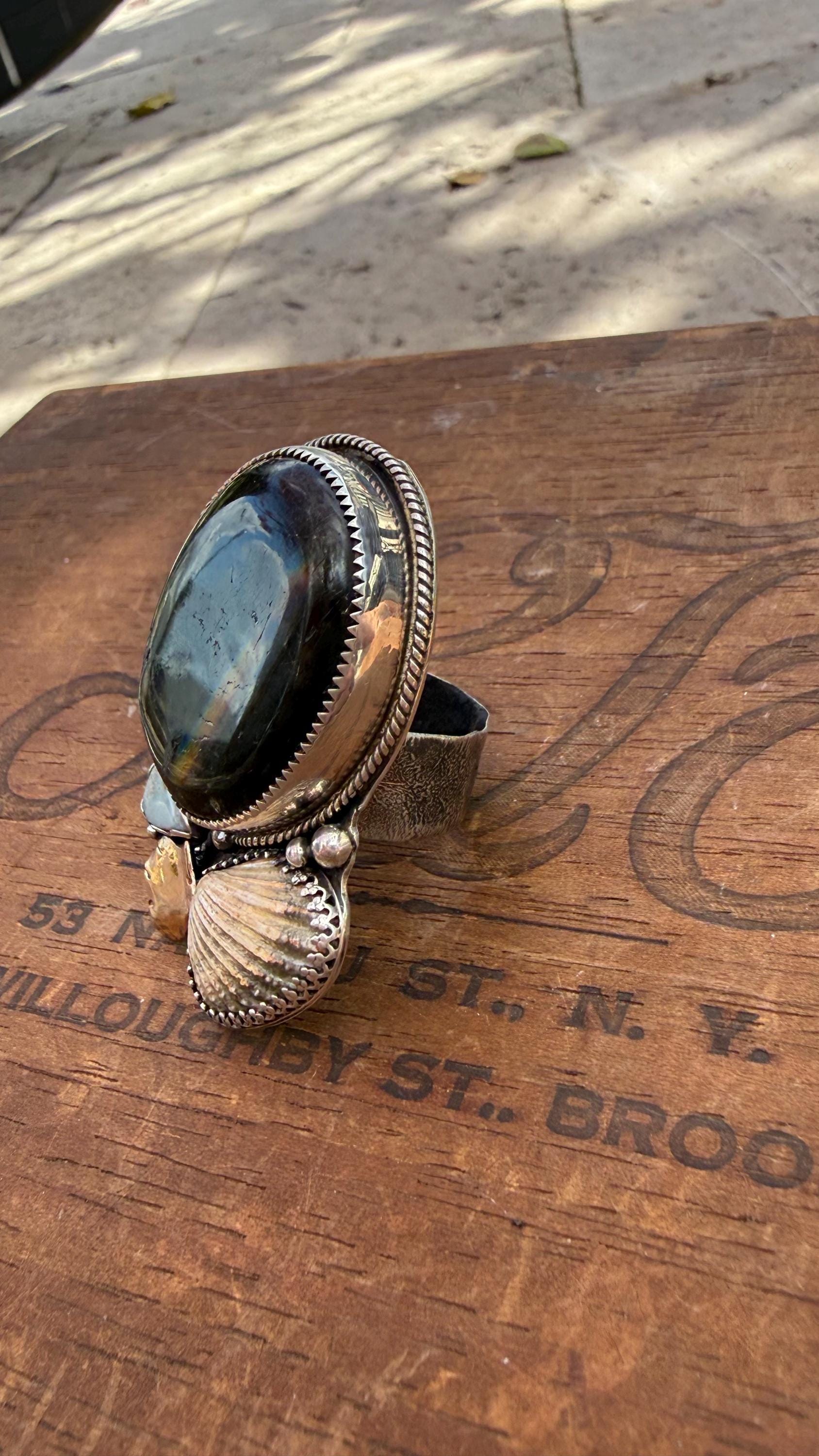 Flashing Labradorite, Broad-Ribbed Cardita Shell, Recycled Larimar, Cardita Shell, & Hand-Forged Scallop Shell in Mix of SS and 14KGF; 10MM Reticulated Band
