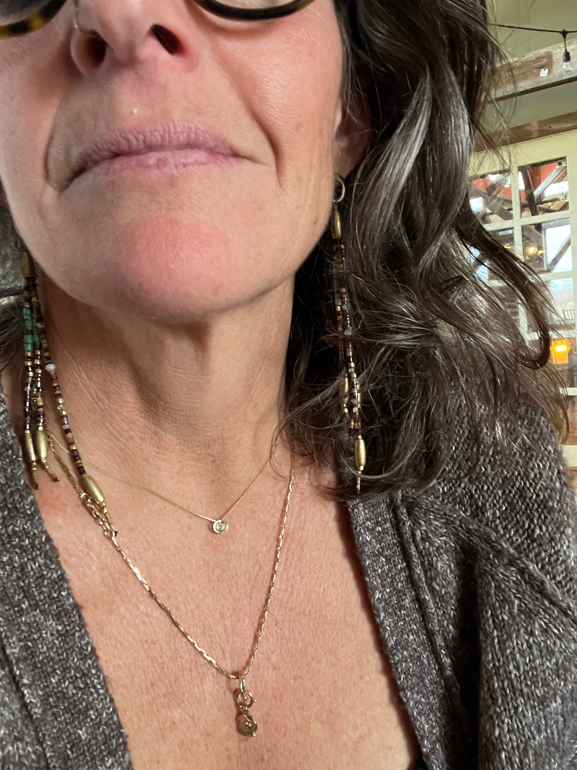 Gypsy Earrings with Shell, Labradorite, Turquoise, Moonstone, & Brass beads and 14kgf with SS Posts.