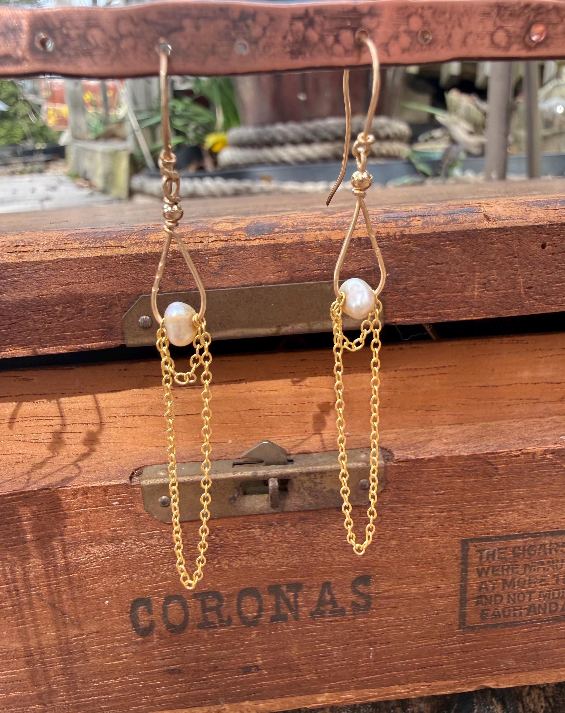 Freshwater Pearl & Chain Dangle Earrings in 14kgf, Hamdmade