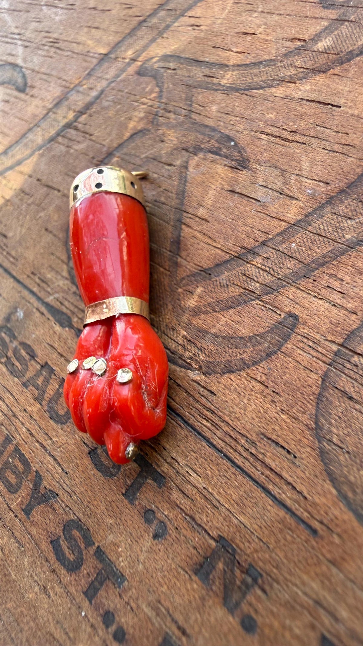 Antique Italian Coral Figa Charm with 14k Gold Amulet Pendant