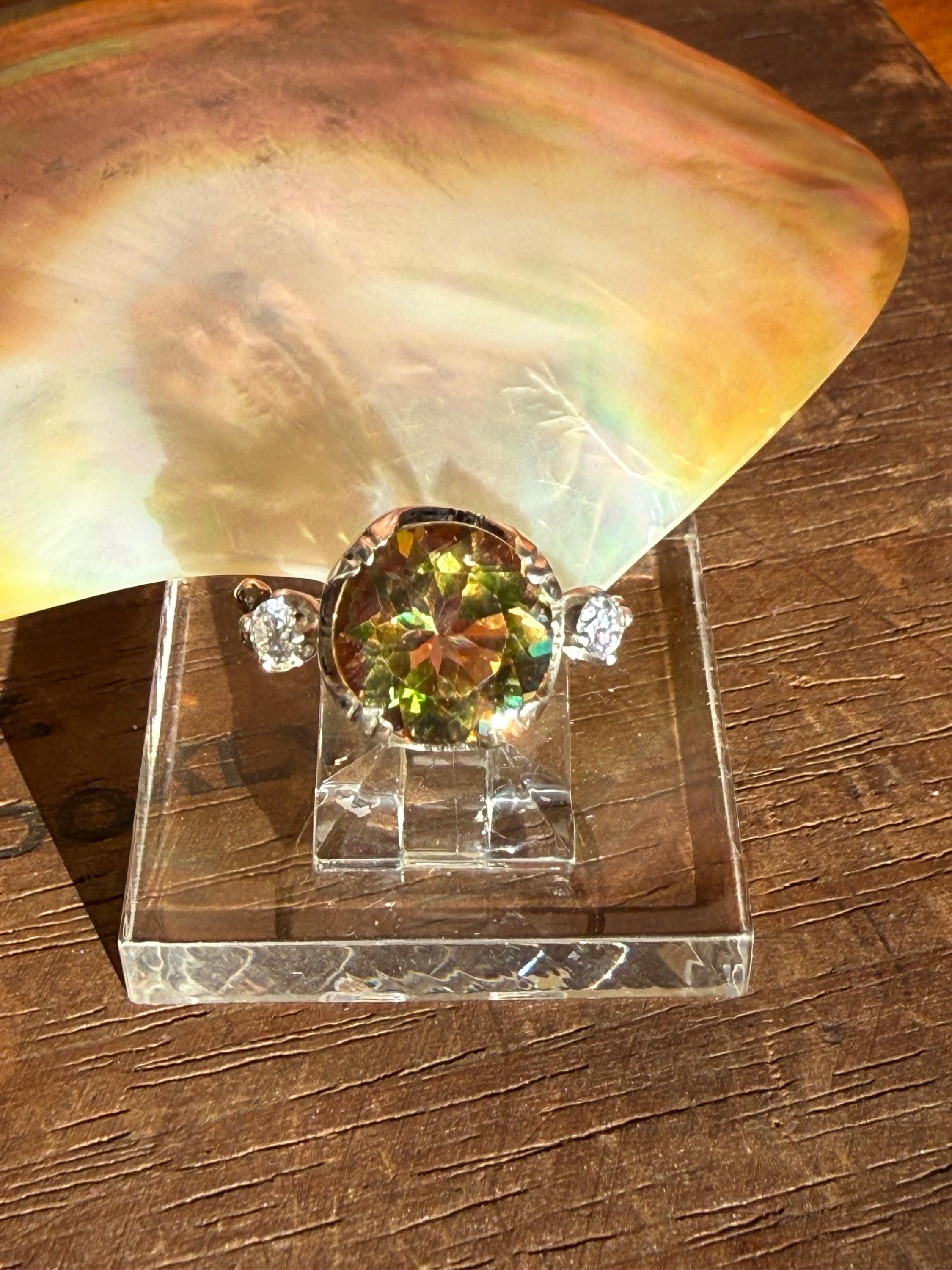4 Carat Treasure Cave Mystic Topaz from Brazil, Flanked with Moissanite Diamonds, 14k Gold Vintage Band, size 6.5