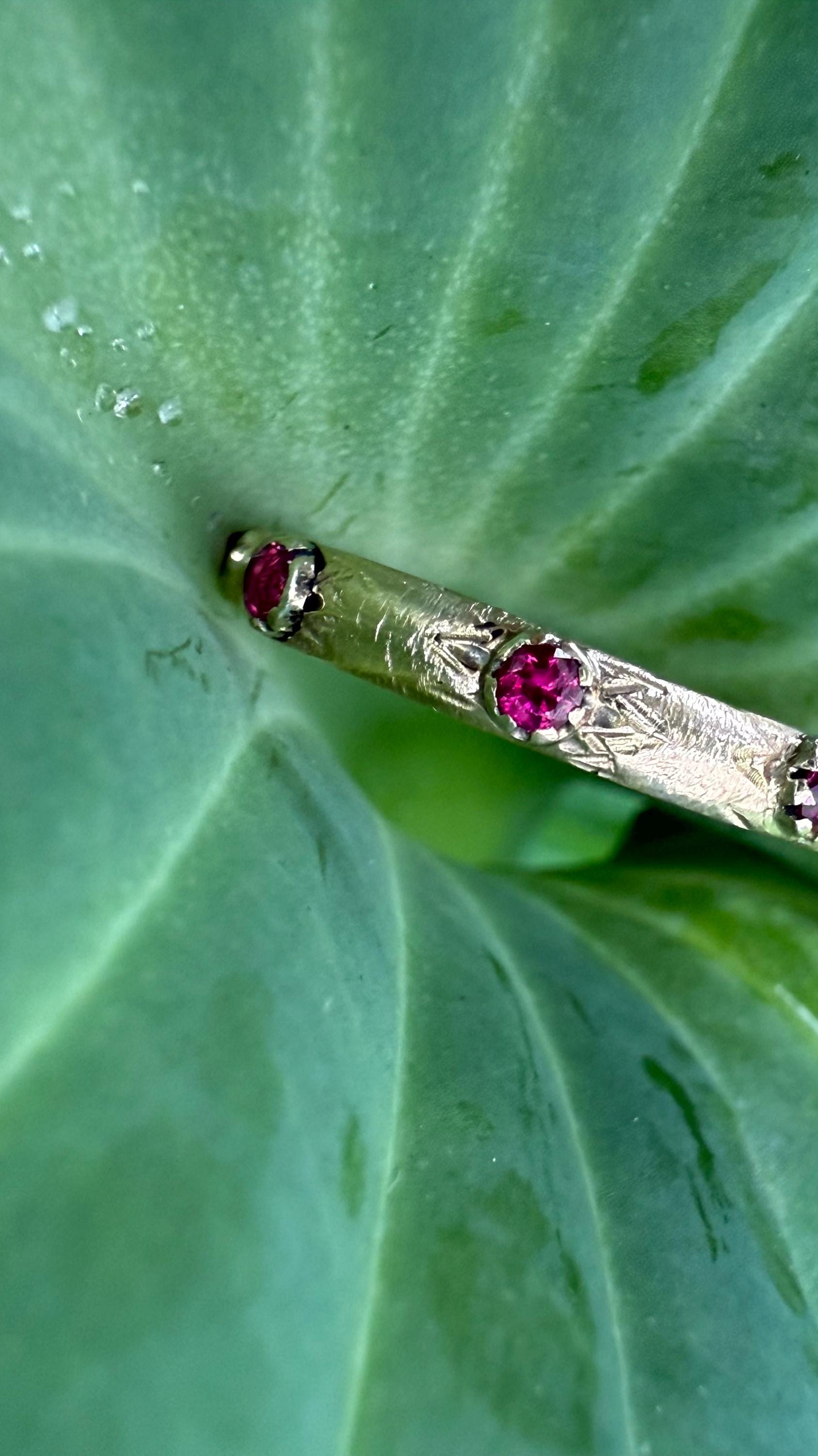 Recycled Vintage 14k Gold Band with Ruby’s and Hand Engraved Detail; size 7-3/4.