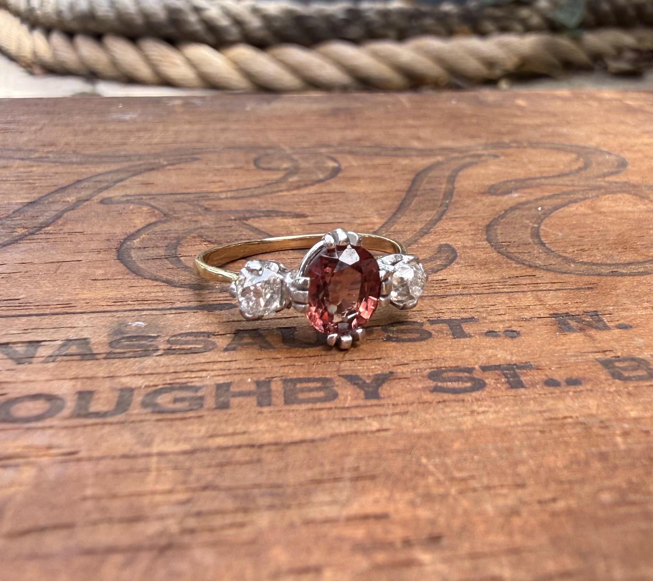 Gorgeous Victorian Trilogy Ring in 18Ct Yellow and White Gold, featuring a 1 carat Spinel, and (2) 22.5 pt Old European cut Natural Diamonds