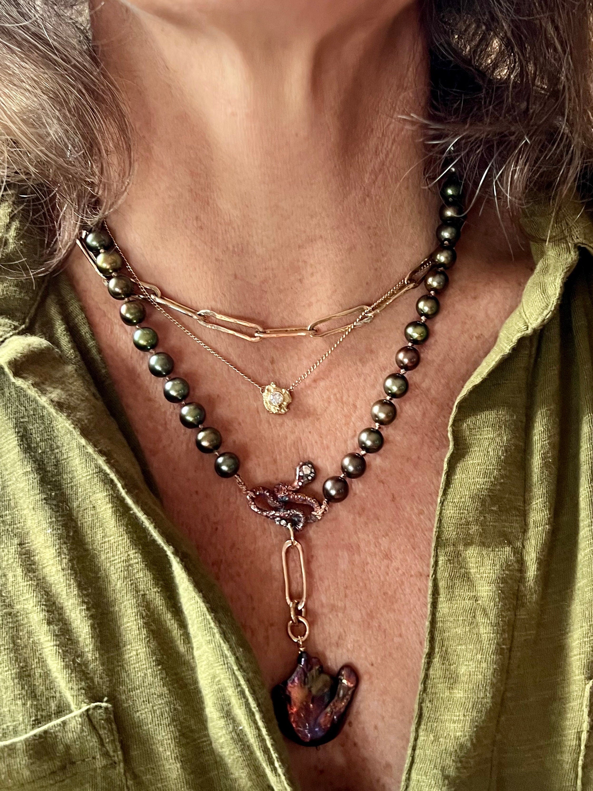Cultured Peacock Freshwater Pearls with a Hand Carved Jeweled Snake in Fine Silver
