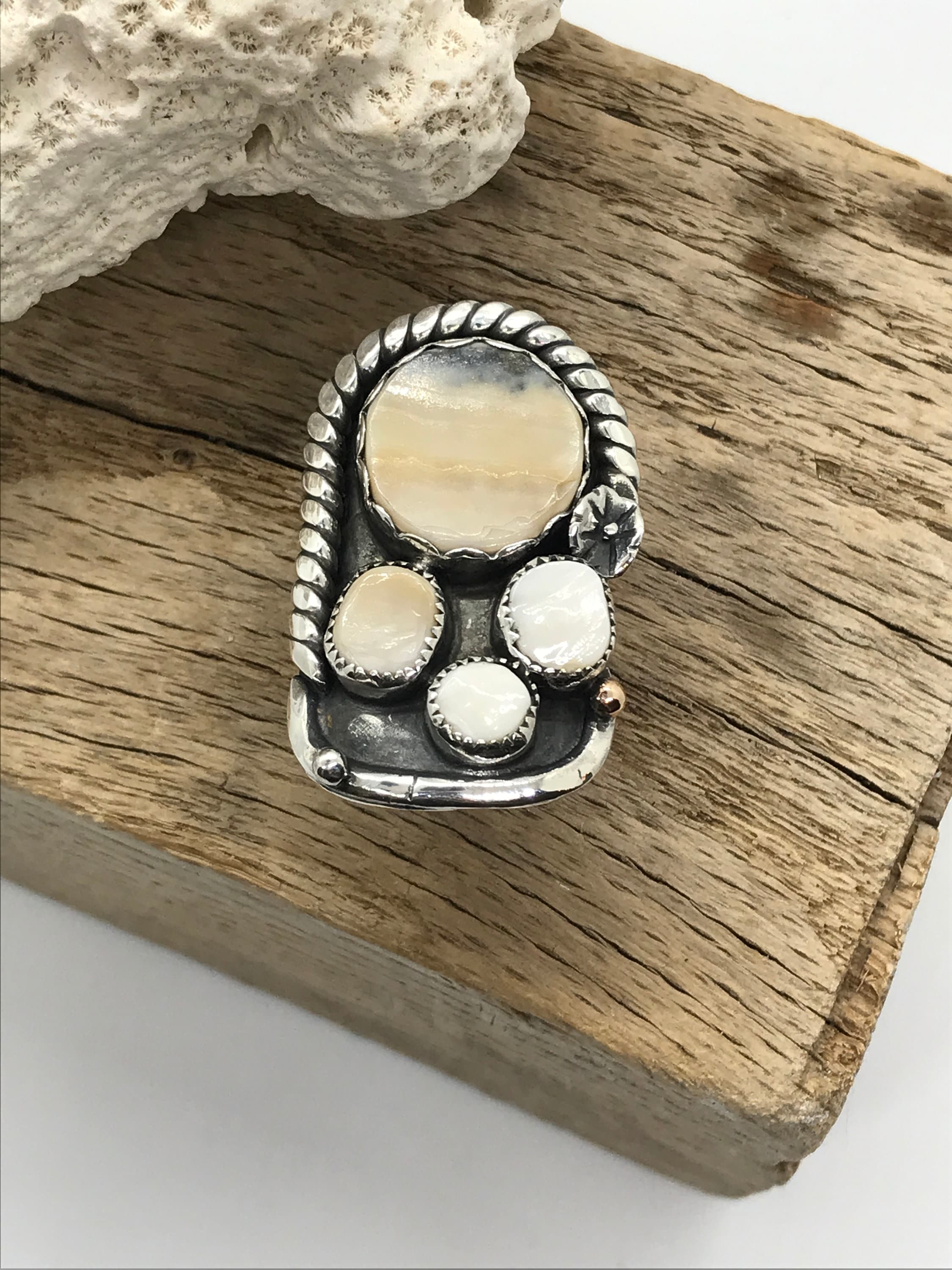 Clam Shell Ring, Hand-Picked & Hand-Cut, Set in Sterling Silver with 14kt GF Embellishments
