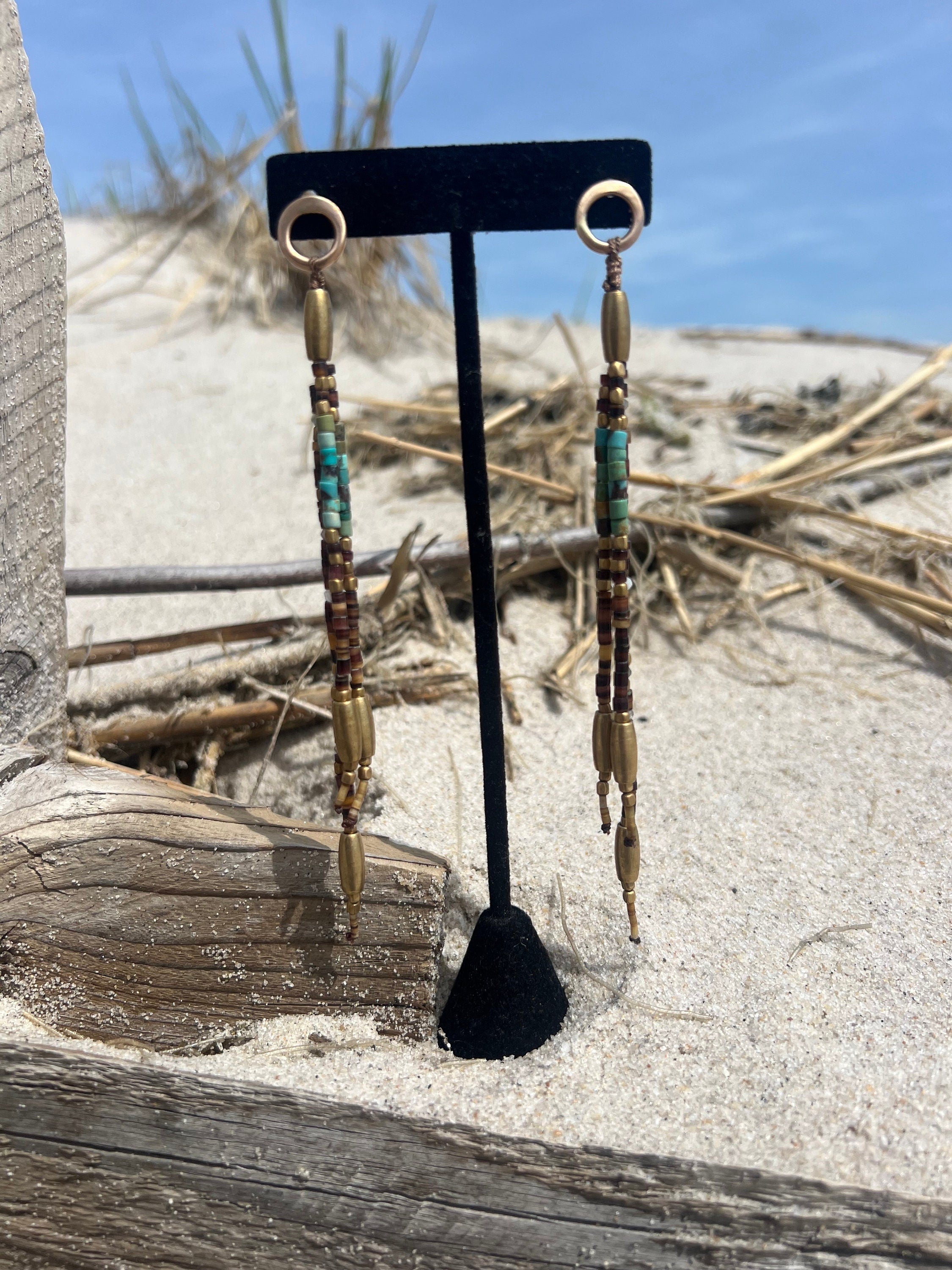 Gypsy Earrings with Shell, Labradorite, Turquoise, Moonstone, & Brass beads and 14kgf with SS Posts.